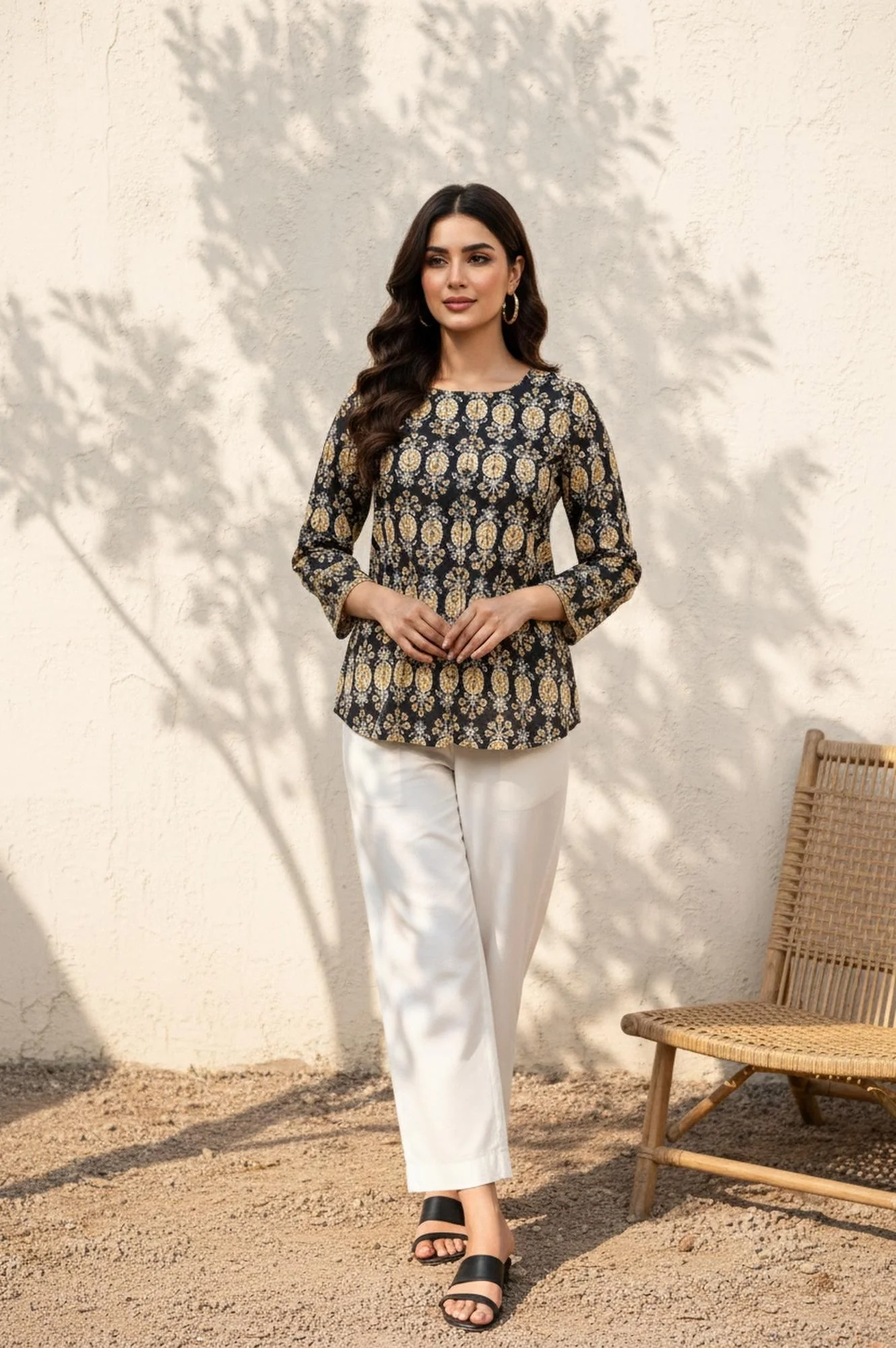 Black Floral Print A-Line Cotton Top - Image 2