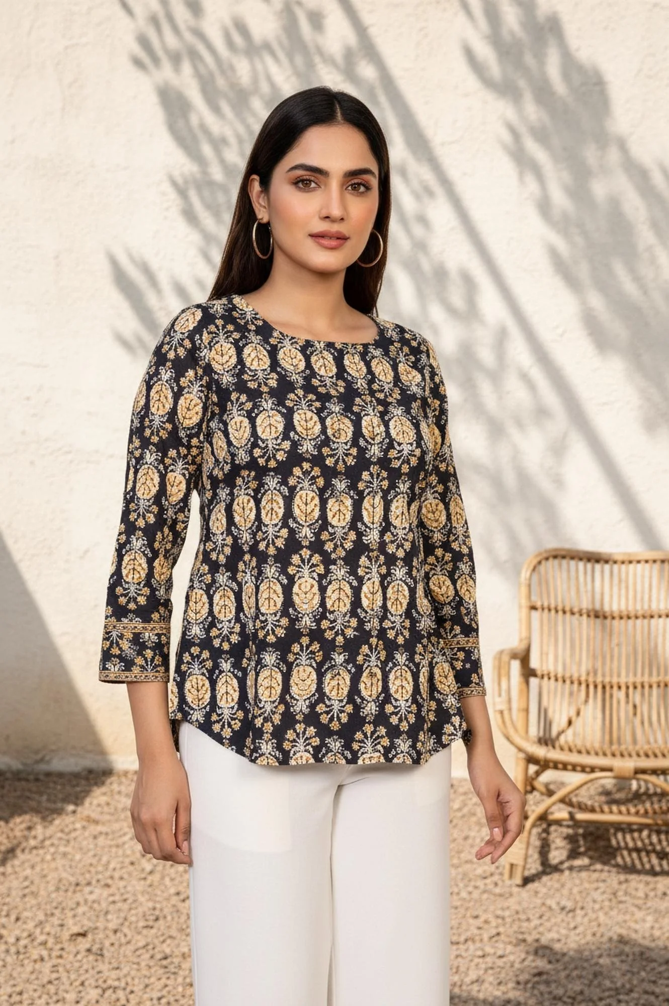 Black Floral Print A-Line Cotton Top - Image 4