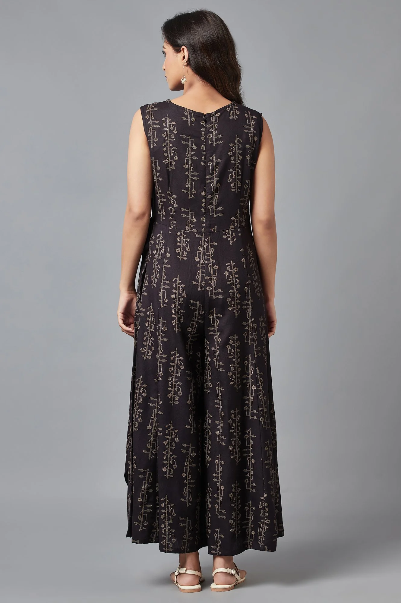 Black Floral Print Angrakha Jumpsuit in Round Neck - Image 2