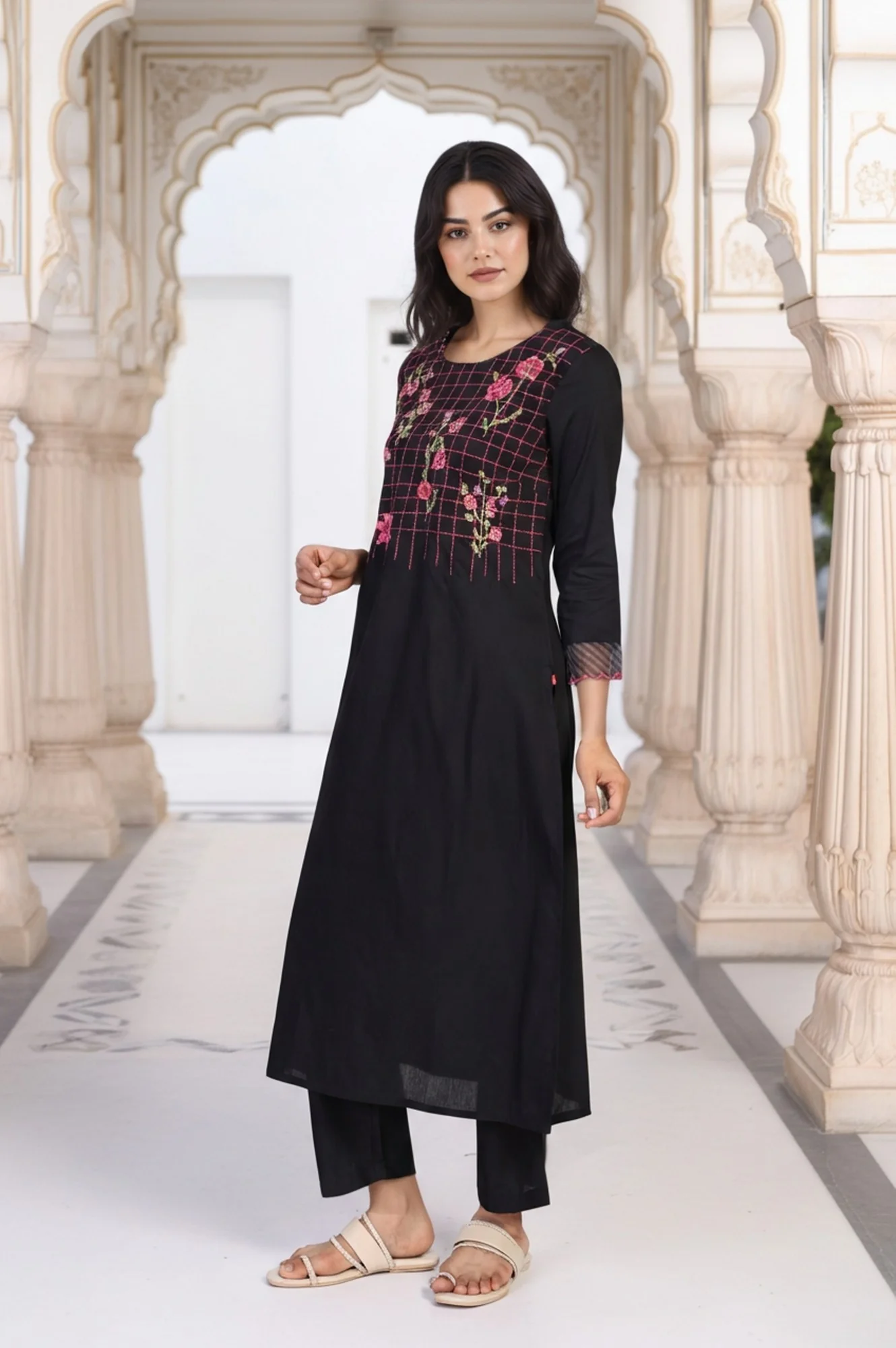 Black Floral Print Embroidered Straight Kurta with Pant and Dupatta Set - Image 6