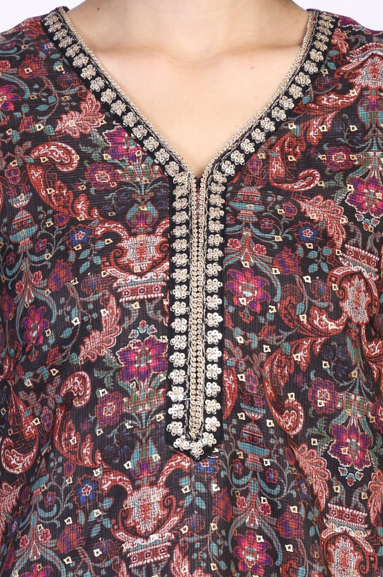 Black Floral Print Metallic Embroidery Straight Kota Kurta - Image 3