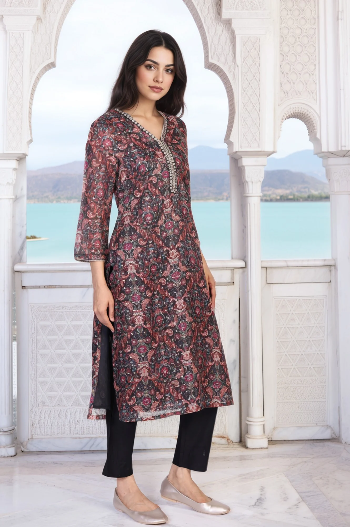 Black Floral Print Metallic Embroidery Straight Kota Kurta - Image 4