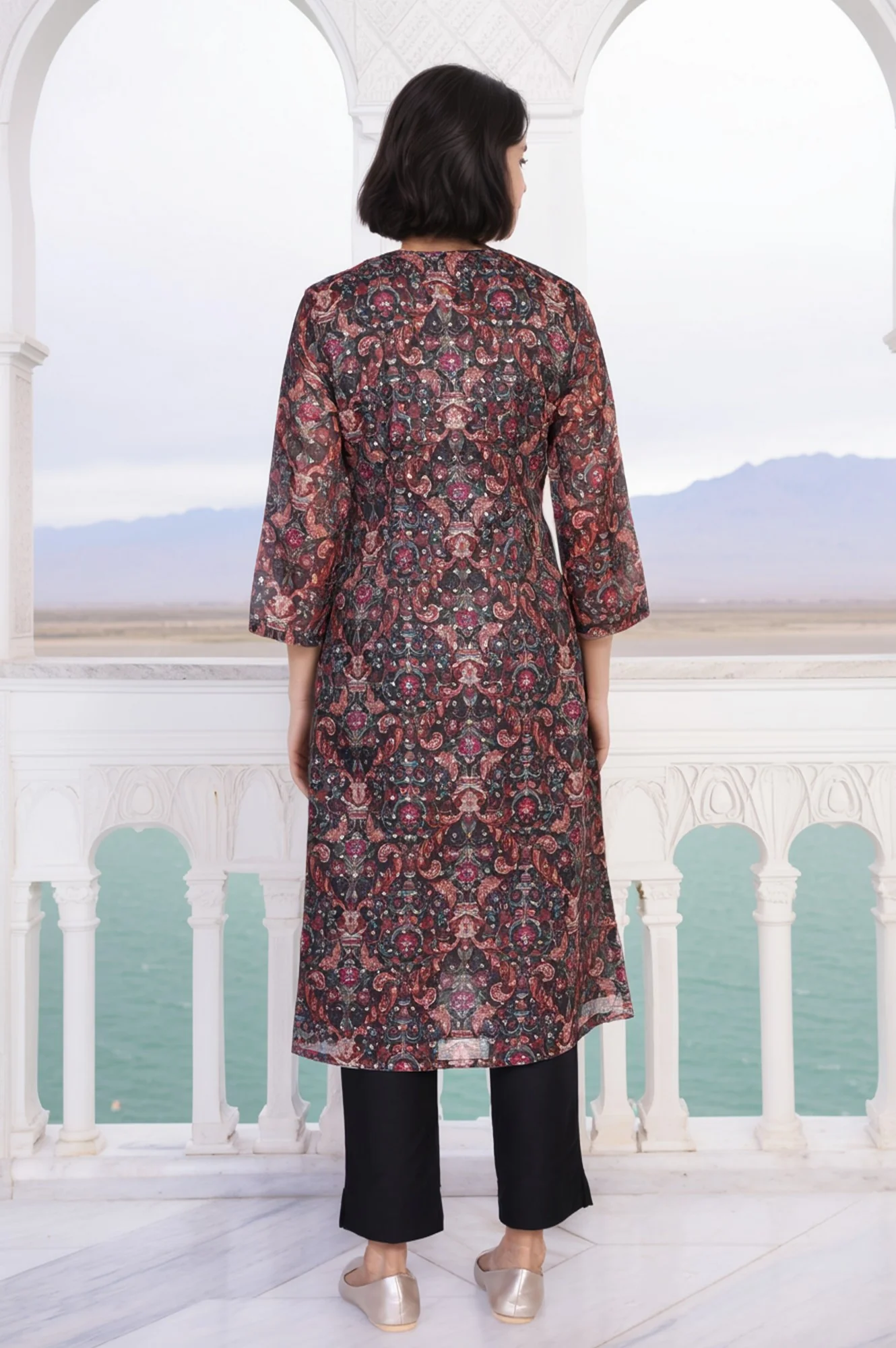 Black Floral Print Metallic Embroidery Straight Kota Kurta - Image 5
