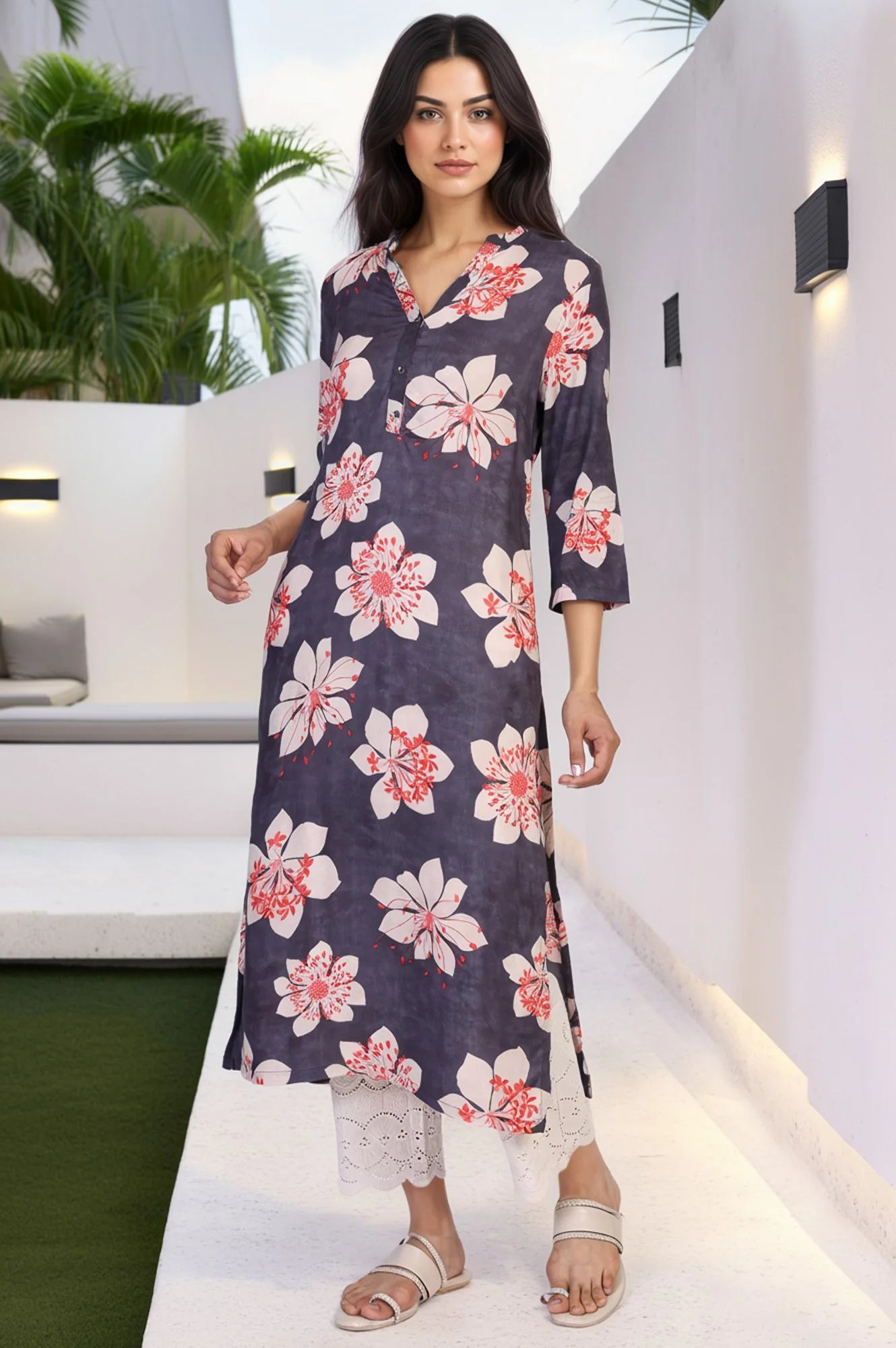 Black Floral Print Thread Work Straight Rayon Kurta - Image 2
