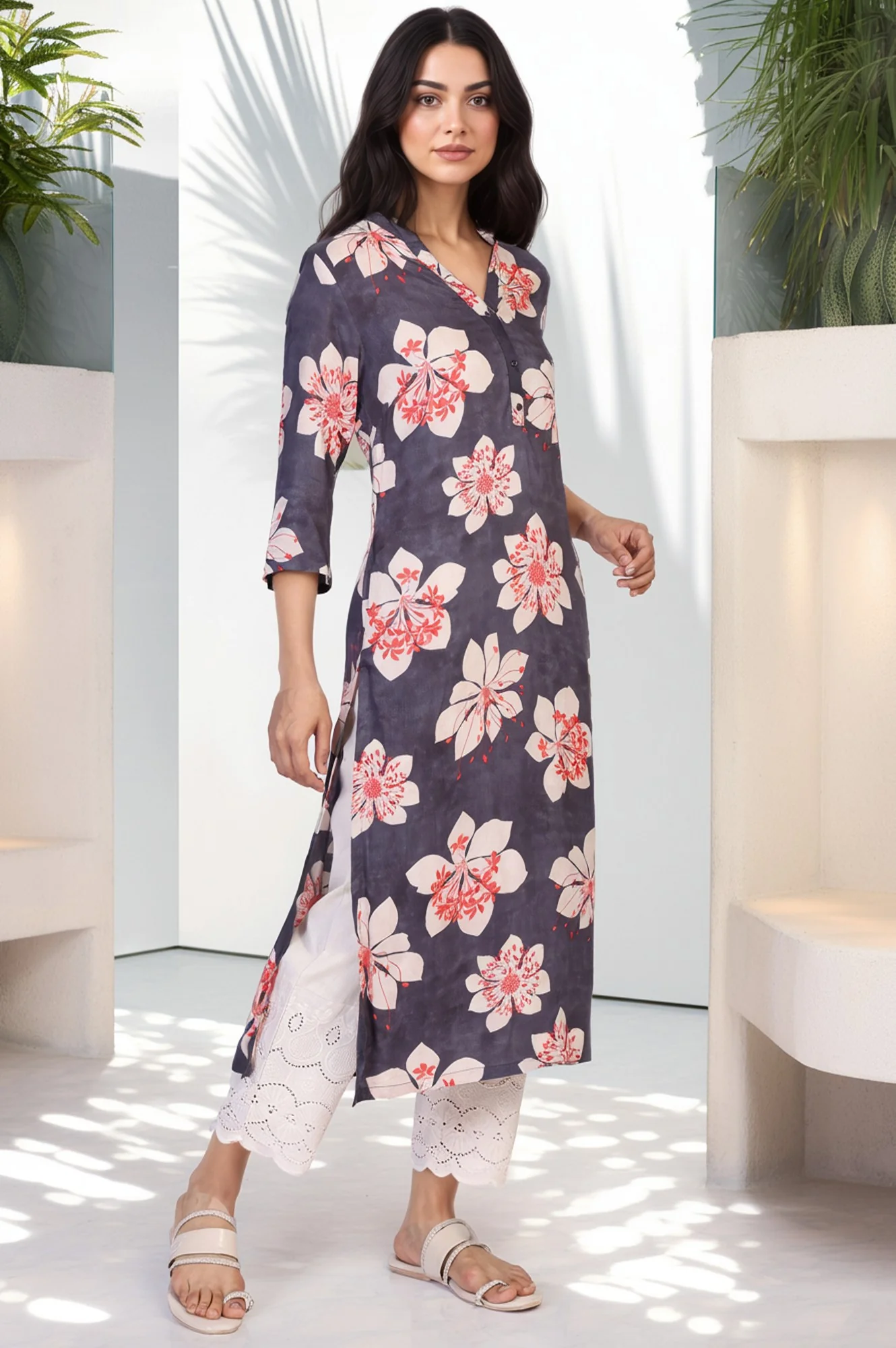Black Floral Print Thread Work Straight Rayon Kurta - Image 4
