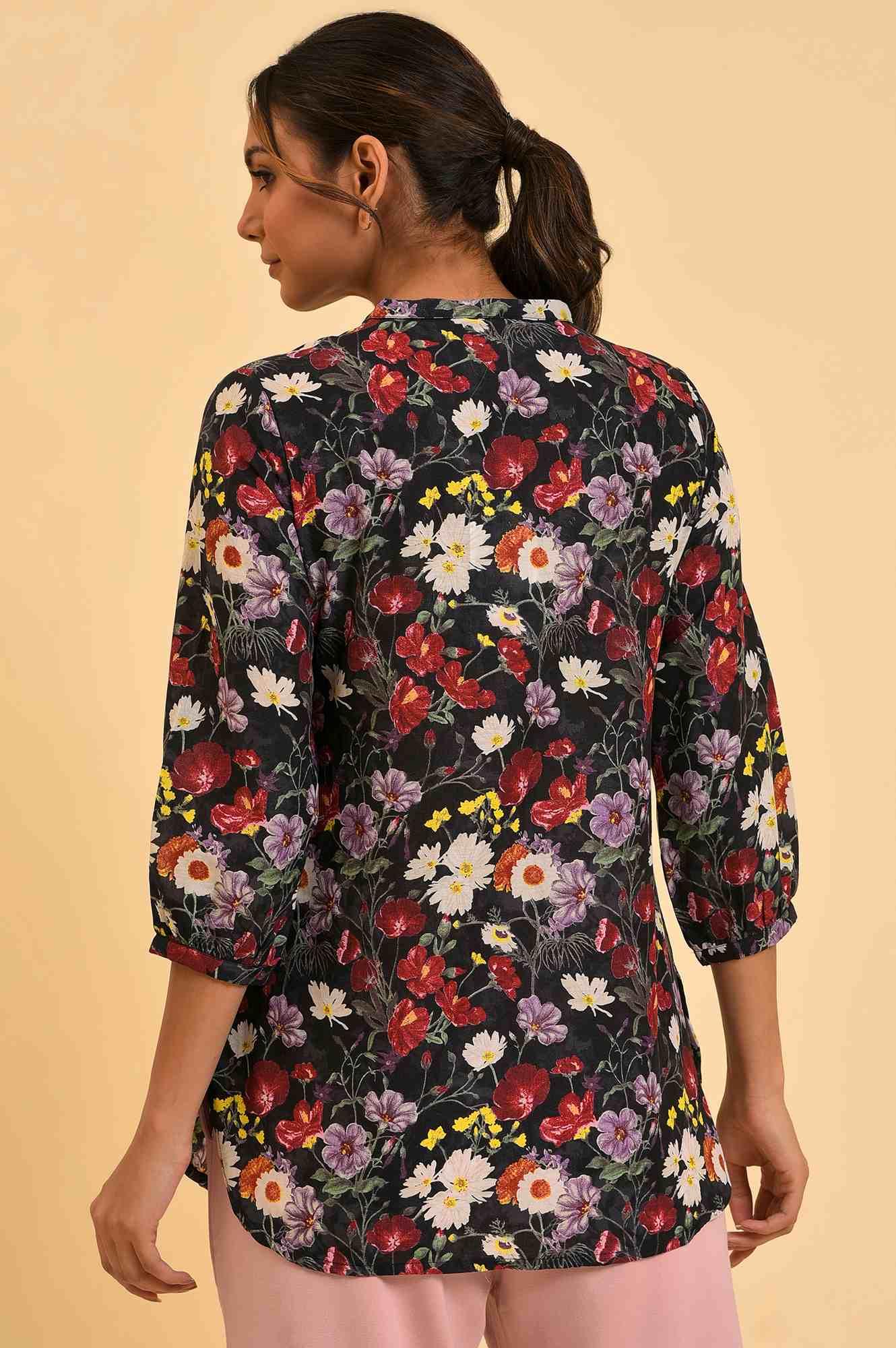 Black Floral Printed Button Down Top - Image 2