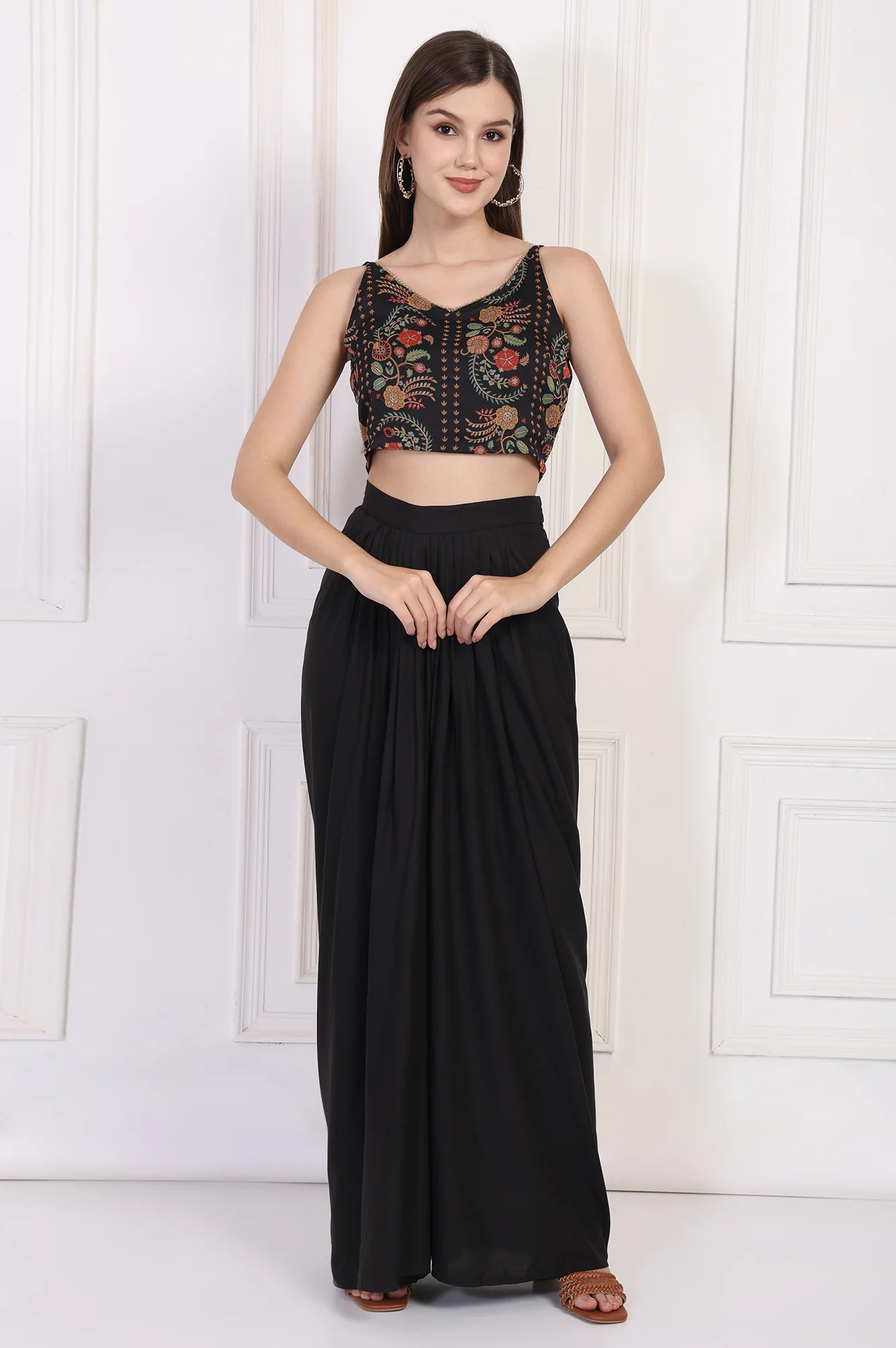 Black Floral Printed Embellished Georgette Crop Top with Cape and Skirt Set - Image 7