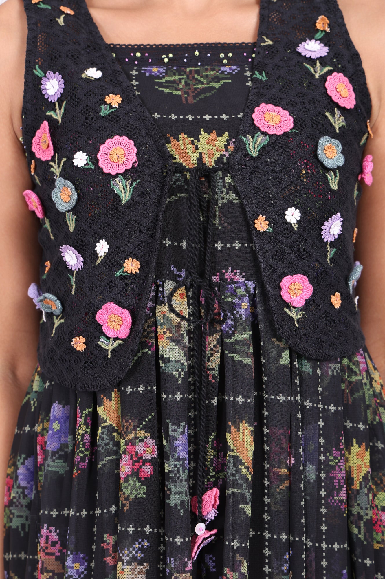 Black Floral Printed Embroidered Fit and Flare Georgette Dress with Waist Coat Set - Image 2