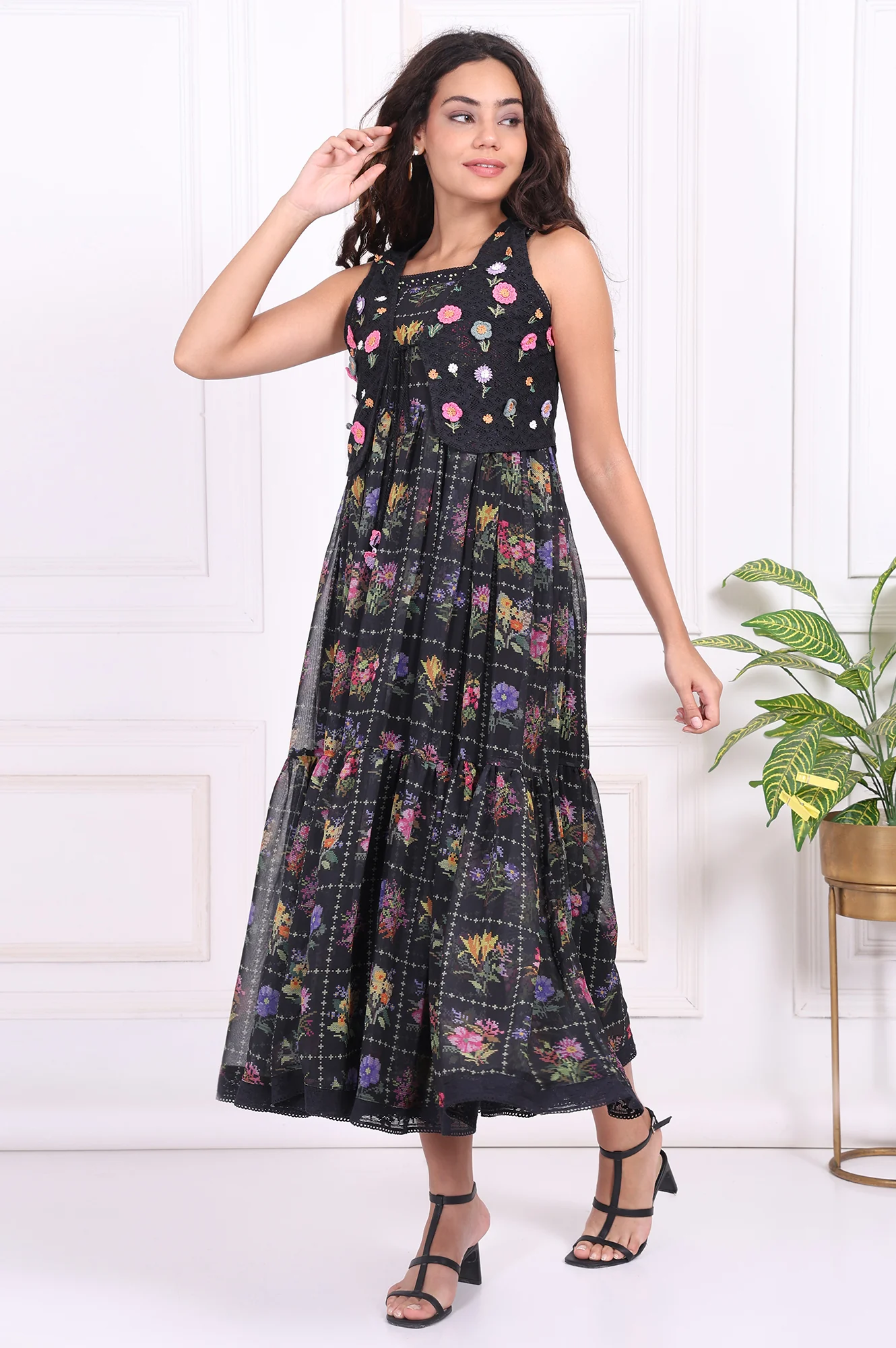 Black Floral Printed Embroidered Fit and Flare Georgette Dress with Waist Coat Set - Image 3