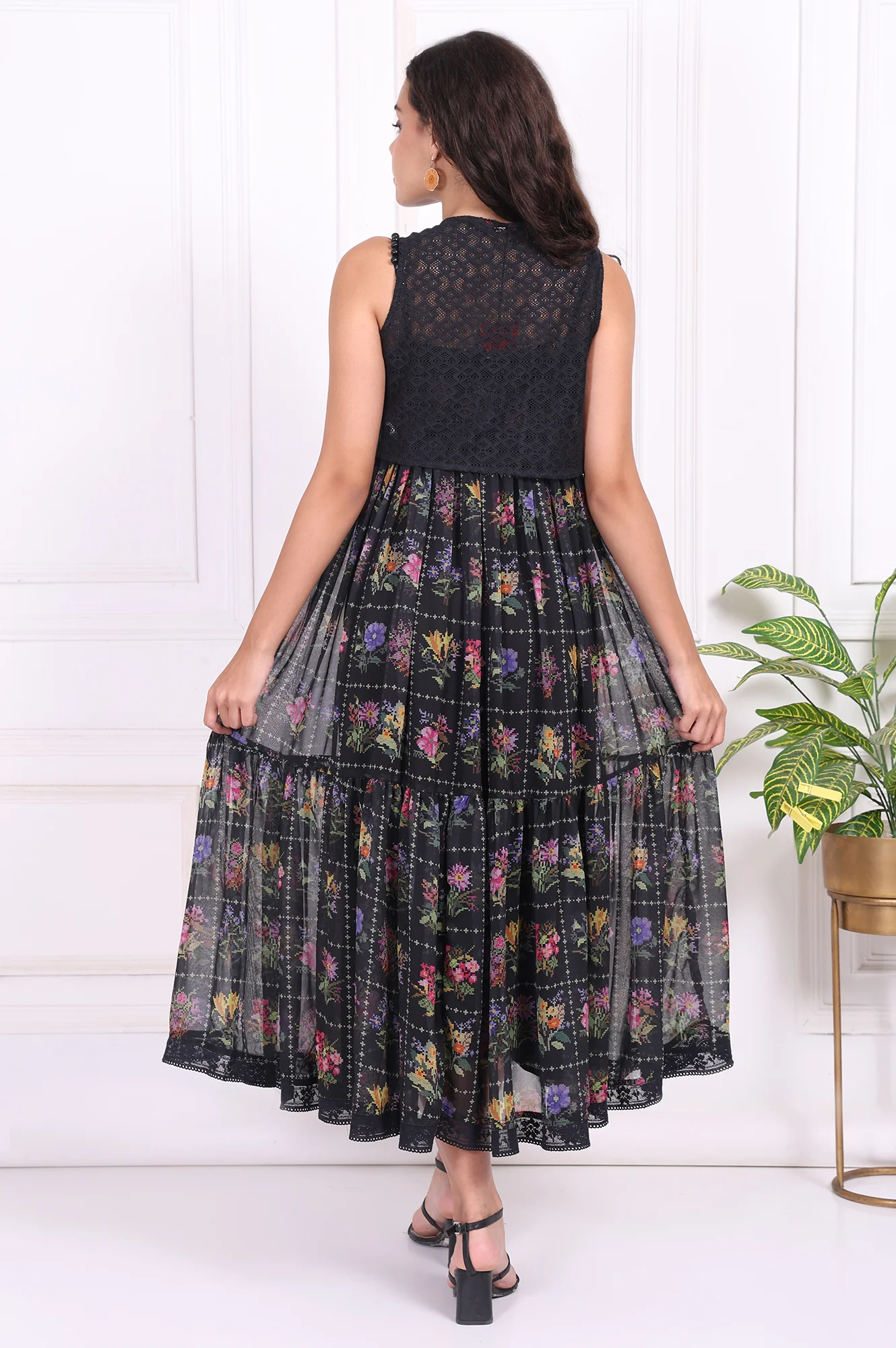 Black Floral Printed Embroidered Fit and Flare Georgette Dress with Waist Coat Set - Image 4