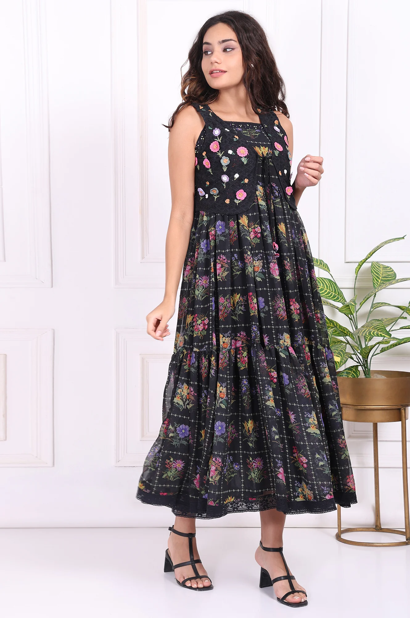 Black Floral Printed Embroidered Fit and Flare Georgette Dress with Waist Coat Set - Image 5