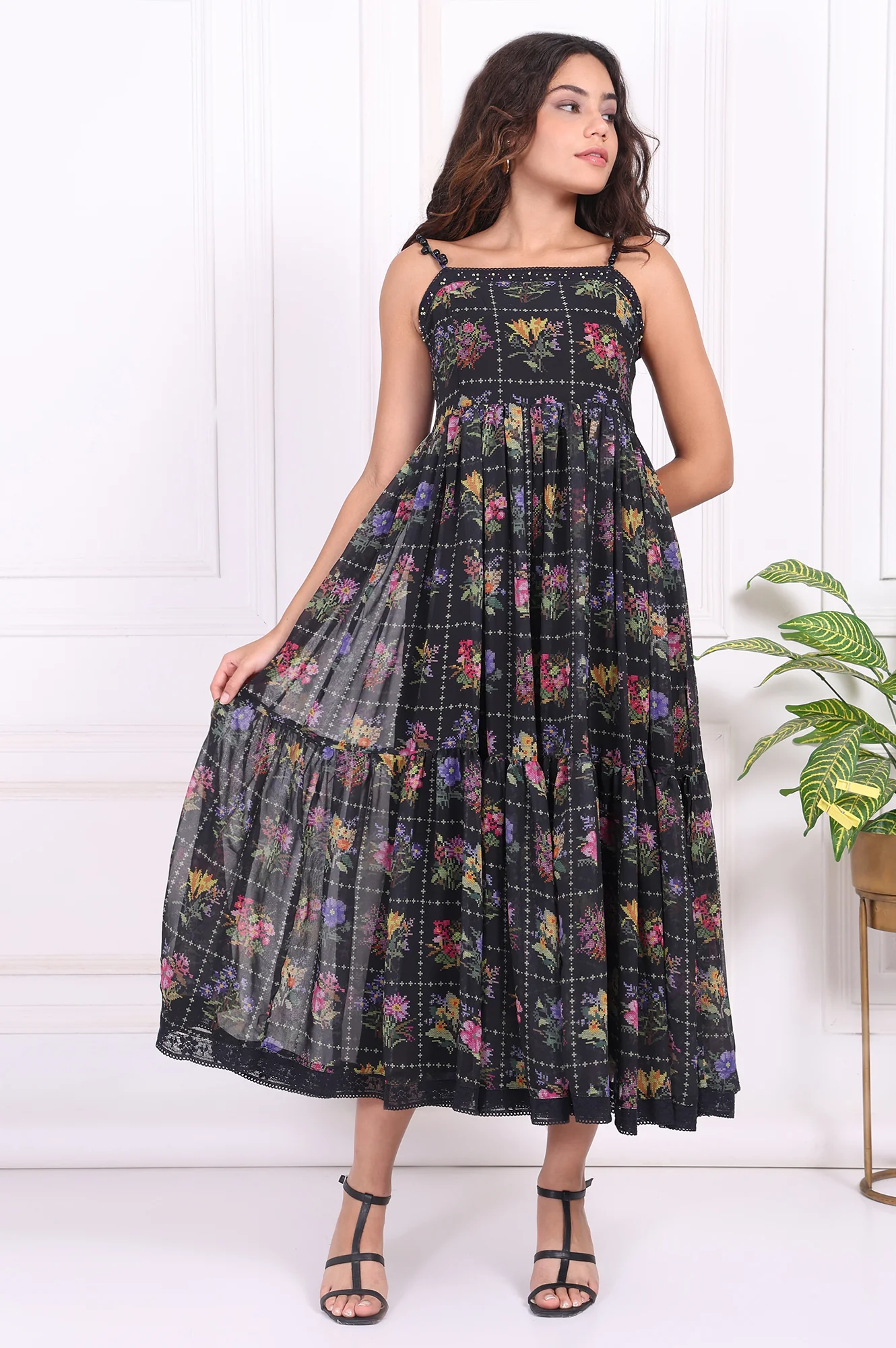 Black Floral Printed Embroidered Fit and Flare Georgette Dress with Waist Coat Set - Image 6