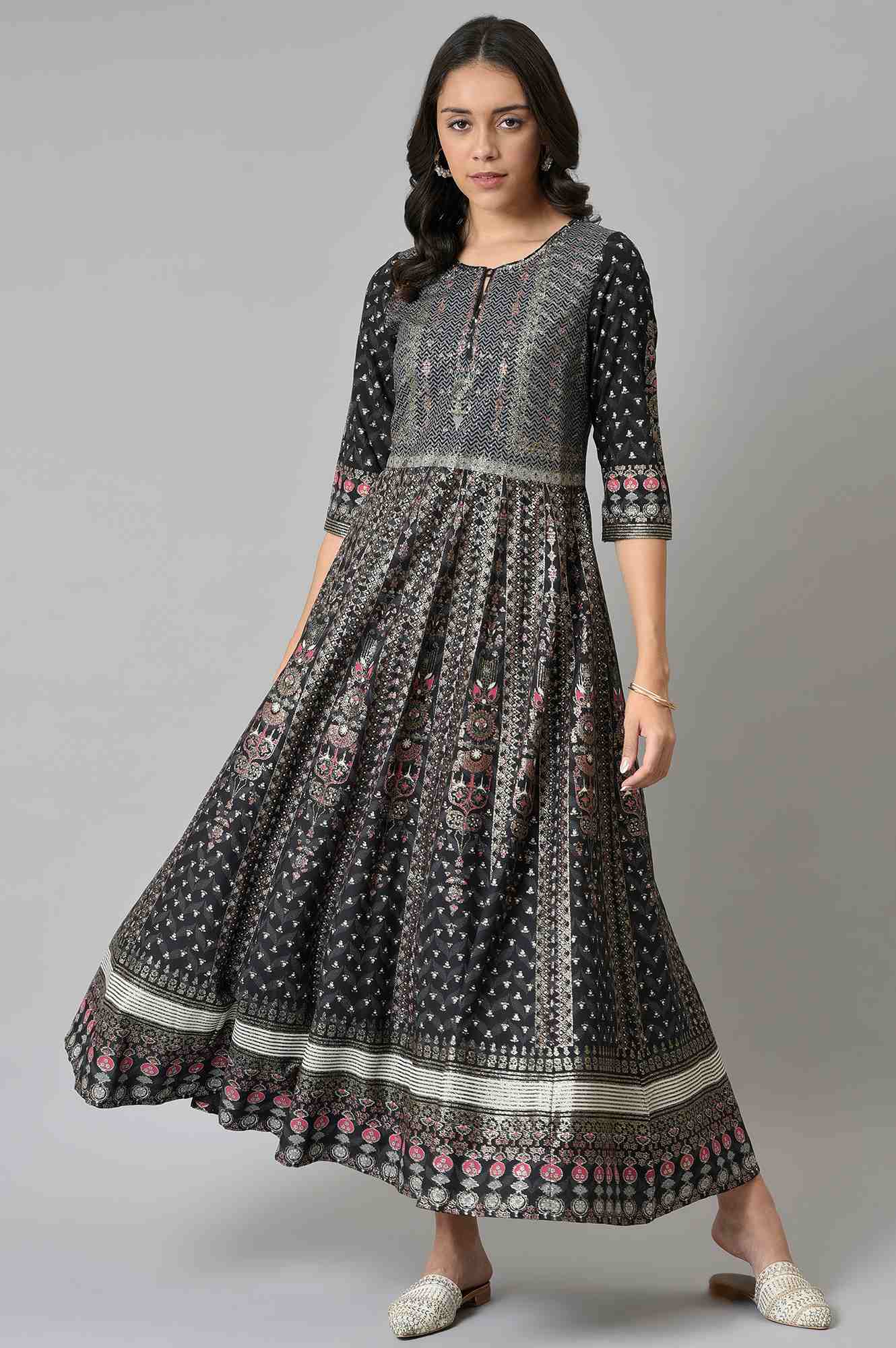 Black Floral Printed Kalidar Dress - Image 5
