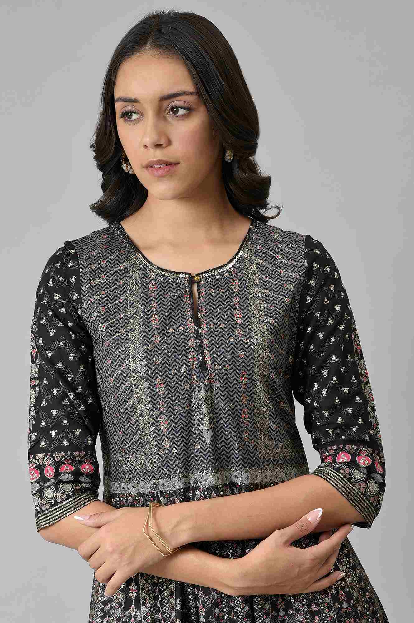 Black Floral Printed Kalidar Dress - Image 6