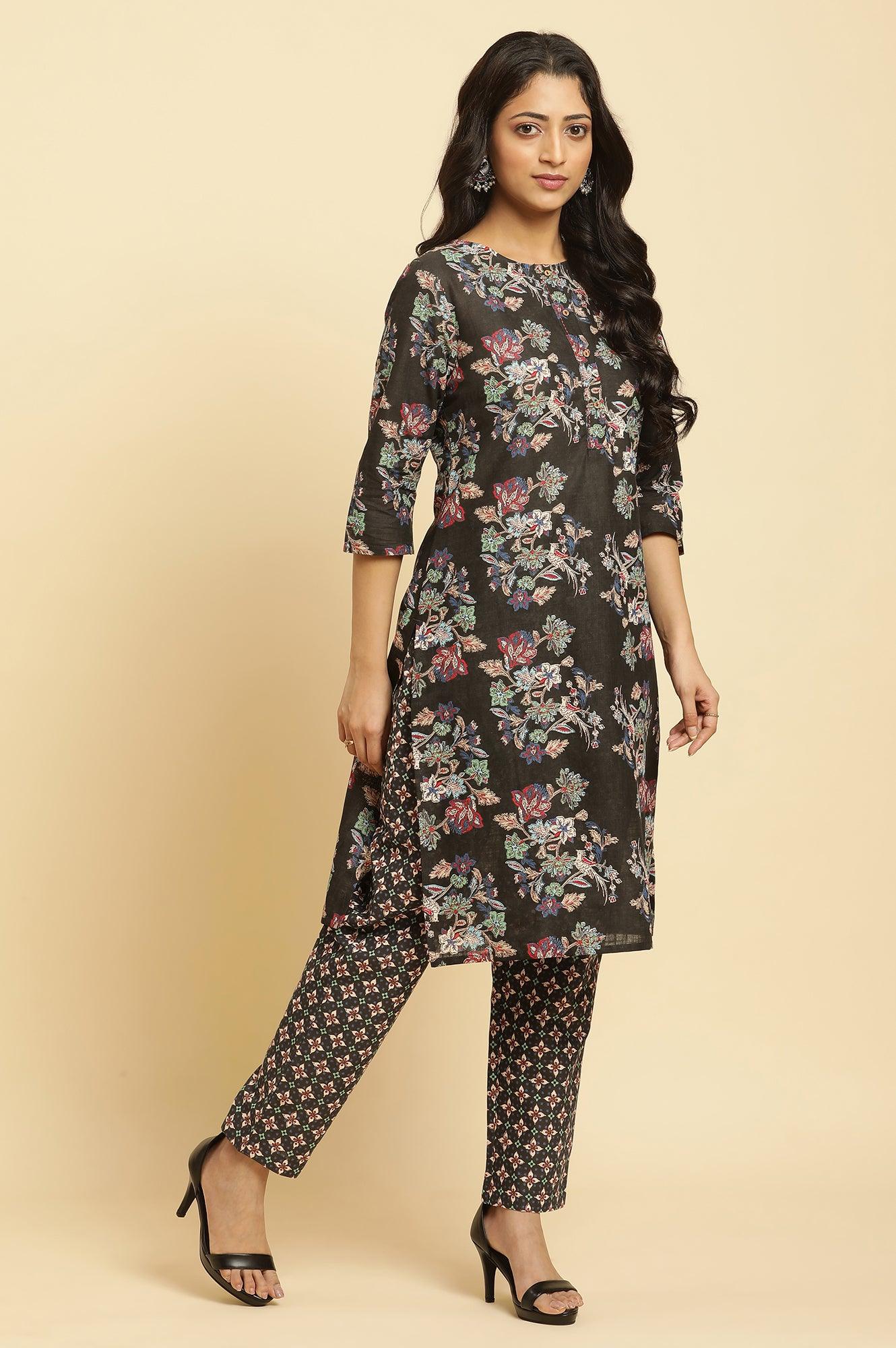 Black Floral Printed Kurta And Pants Set - Image 5