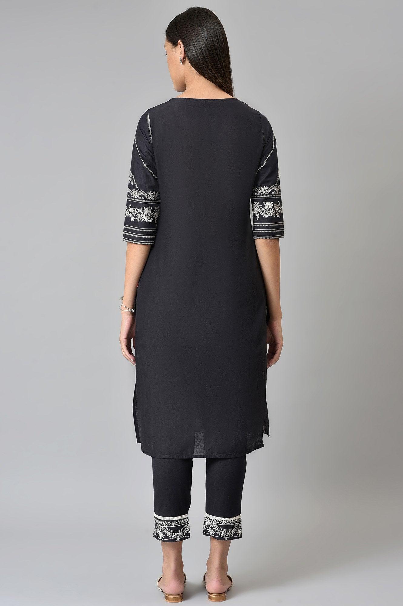 Black Floral Printed kurta With Parallel Pants - Image 2