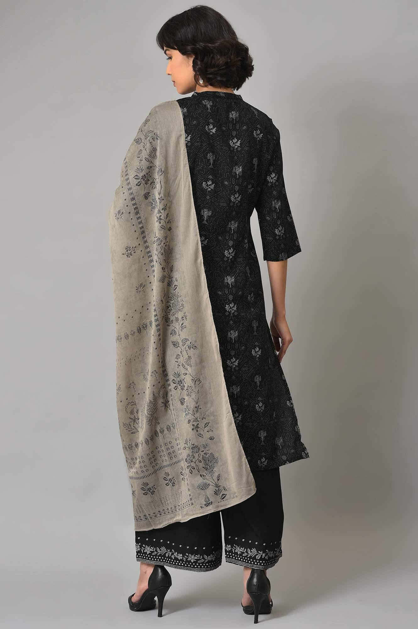 Black Floral Printed kurta With Parallel Pants And Grey Dupatta - Image 2