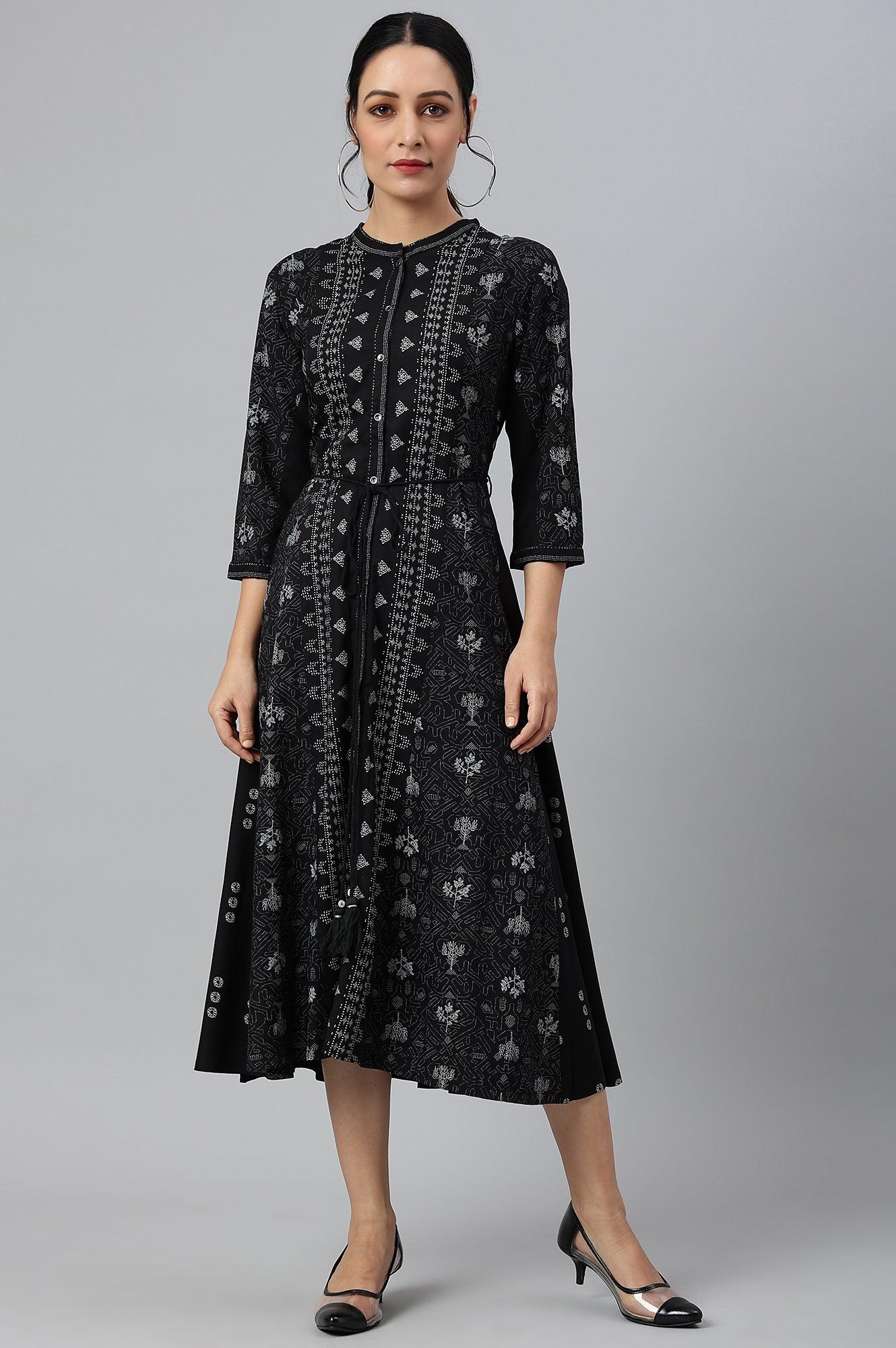 Black Floral Printed Panelled Indie Dress - Image 2