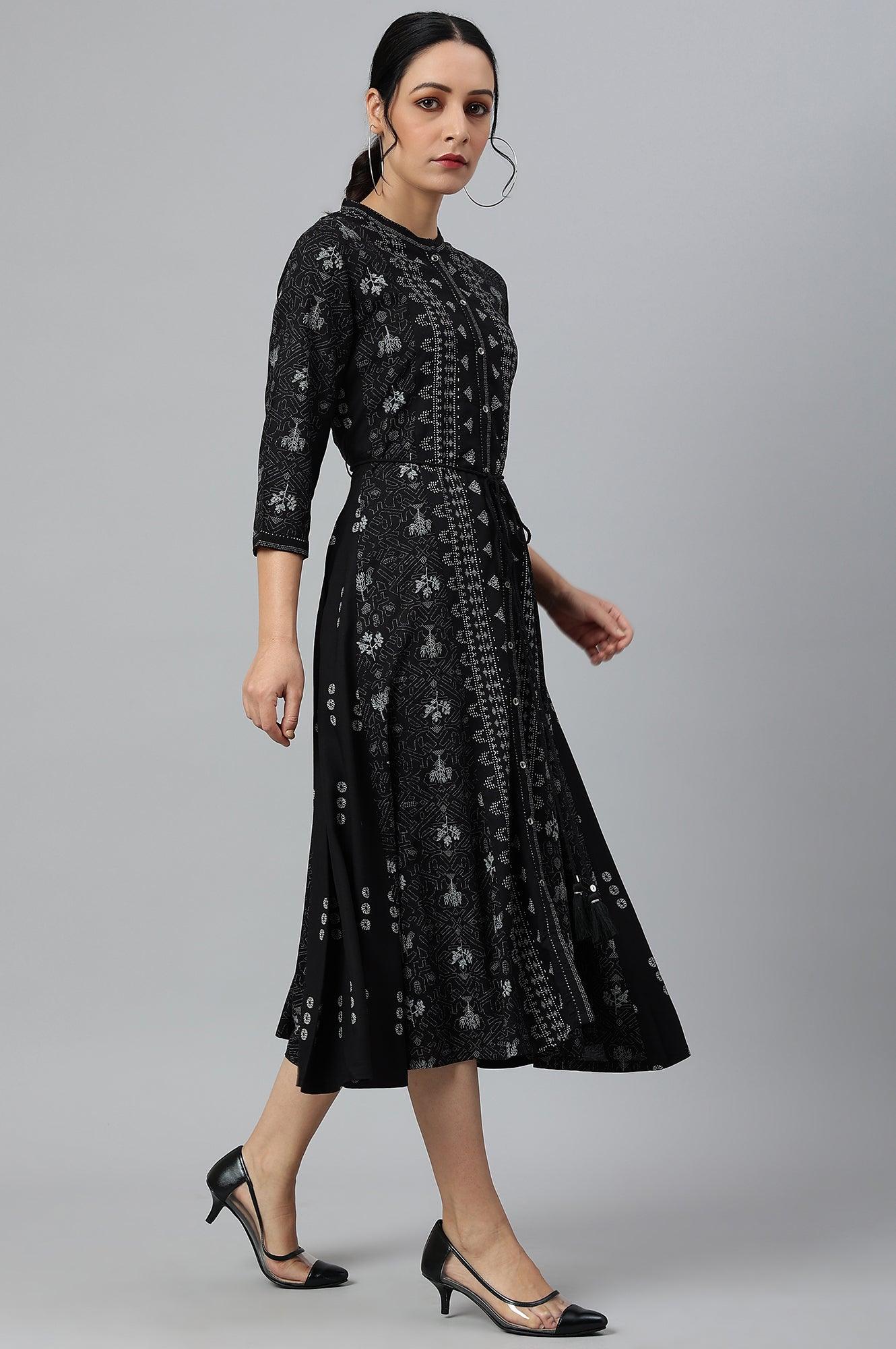 Black Floral Printed Panelled Indie Dress - Image 5