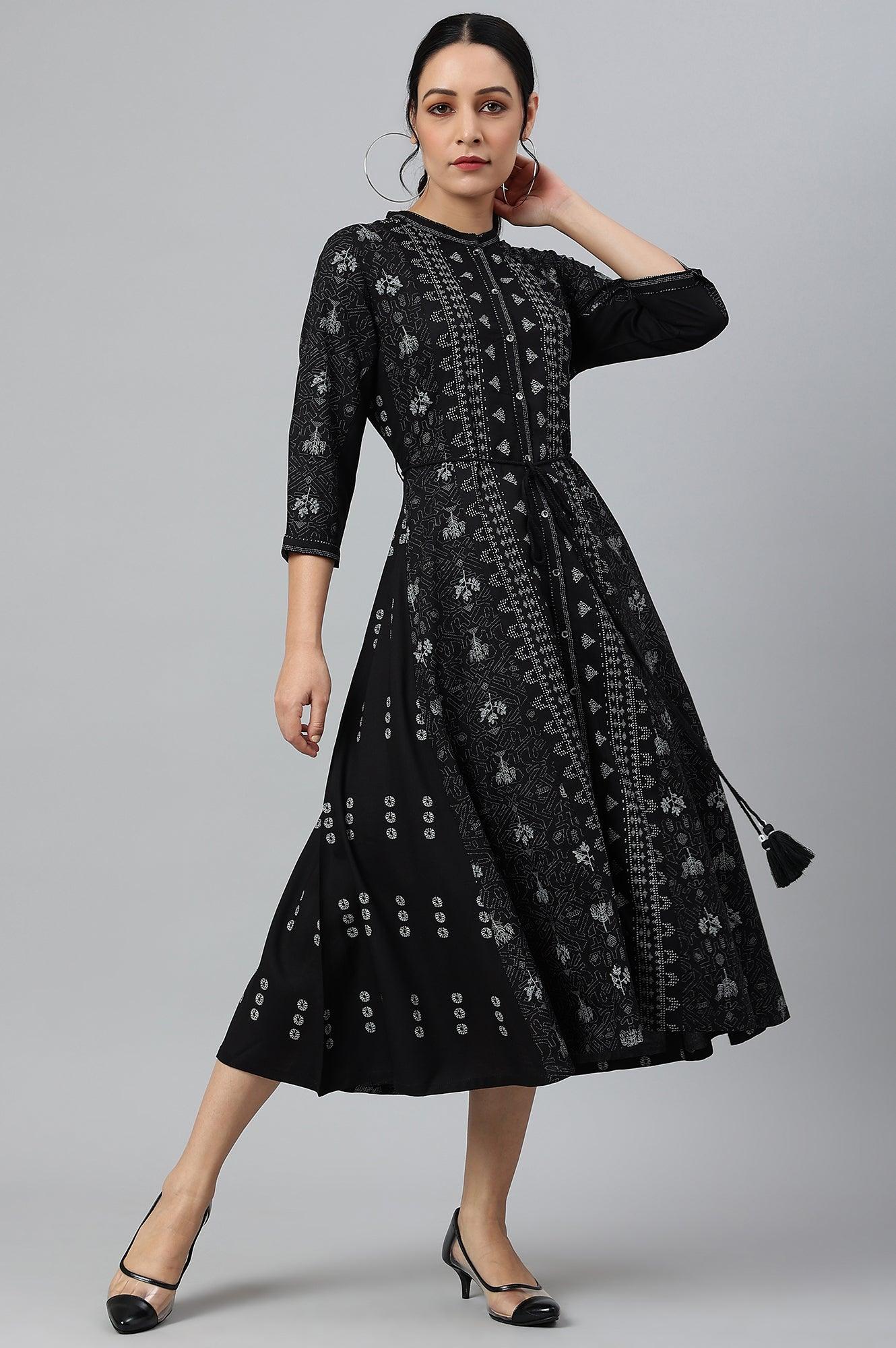 Black Floral Printed Panelled Indie Dress - Image 7