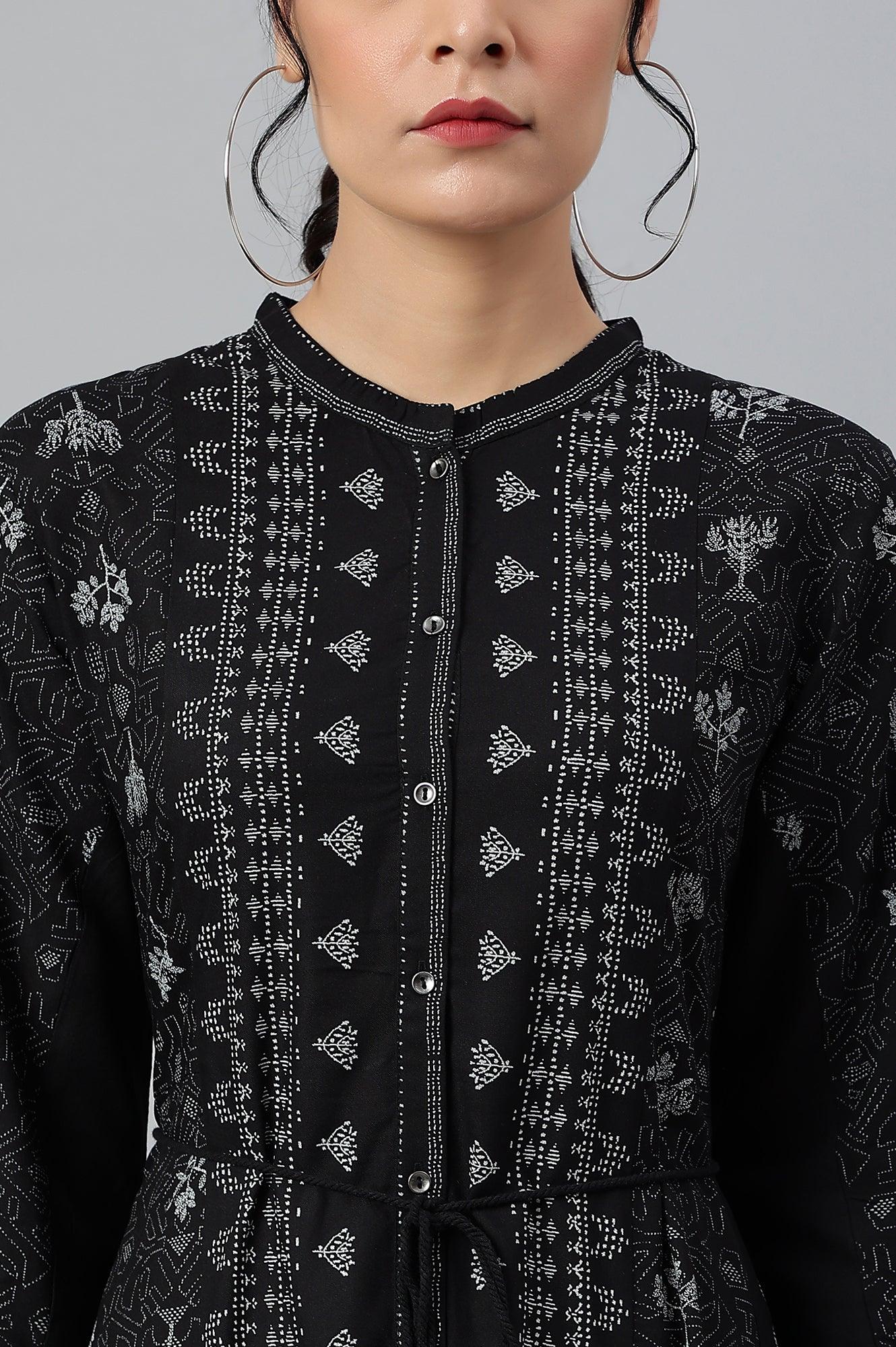 Black Floral Printed Panelled Indie Dress - Image 9