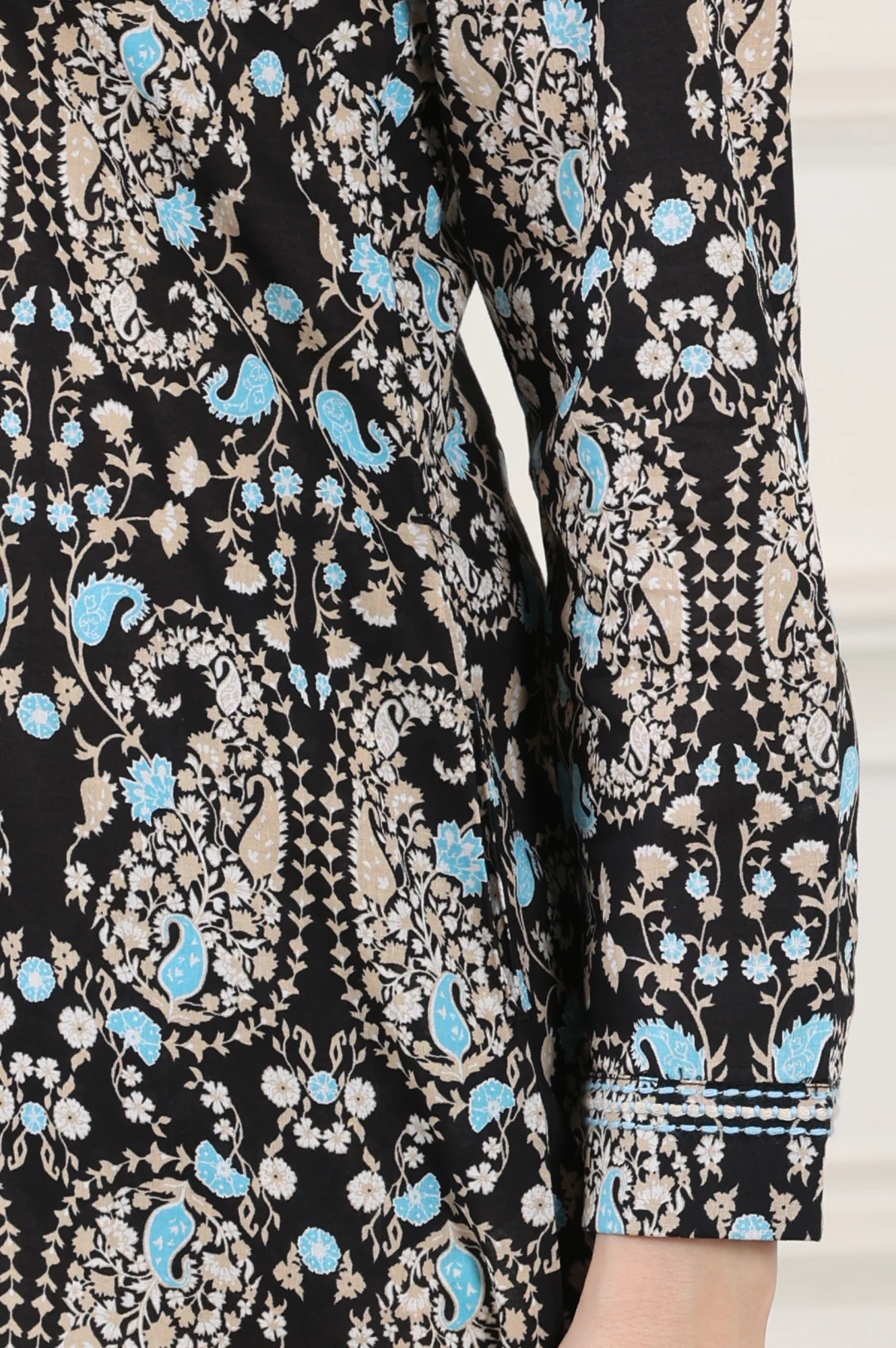 Black Floral Printed Pure Cotton Shirt Collar Tunic - Image 8