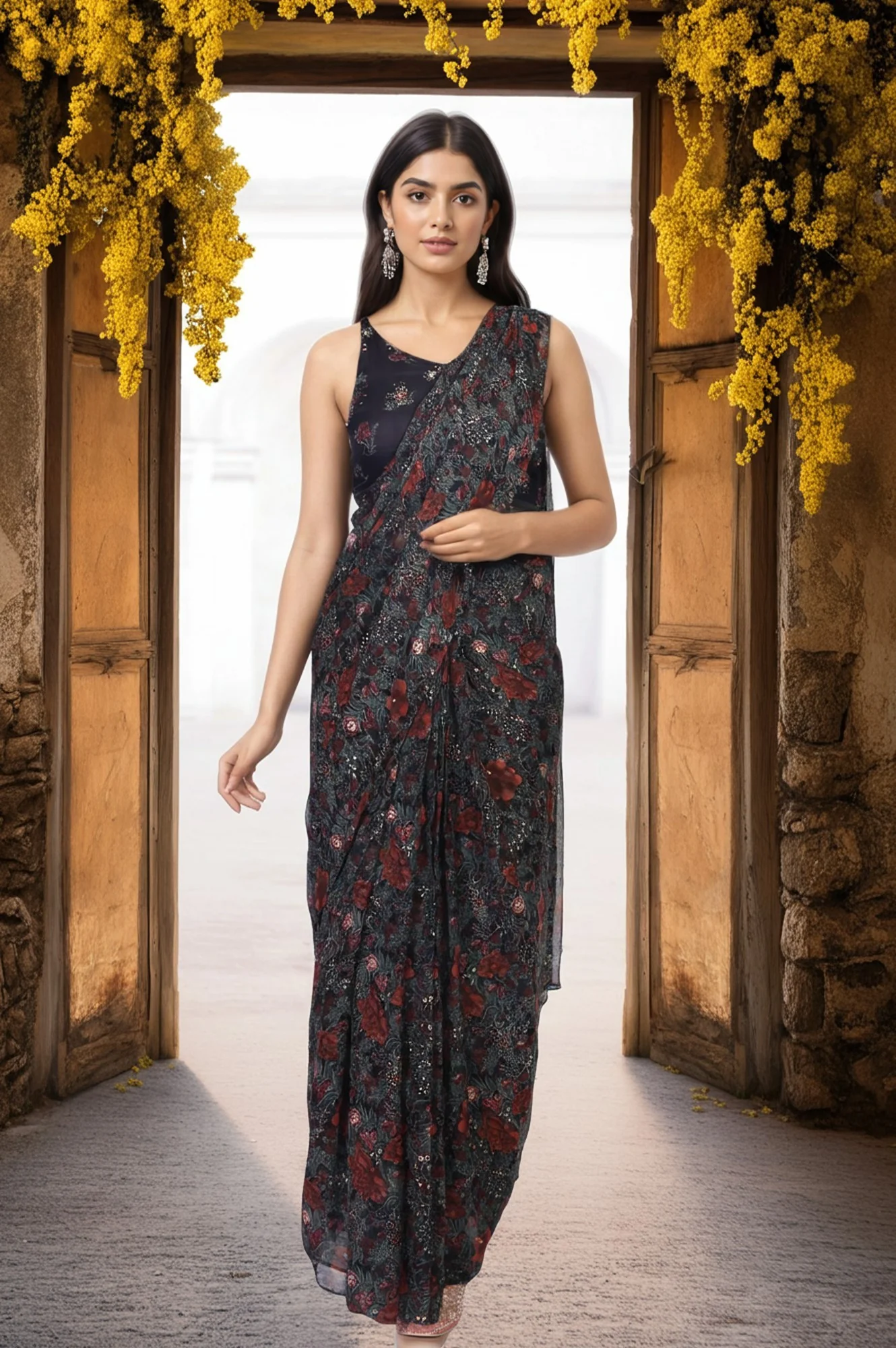 Black Floral Printed Sequined Pre-draped Georgette Saree with Blouse - Image 2