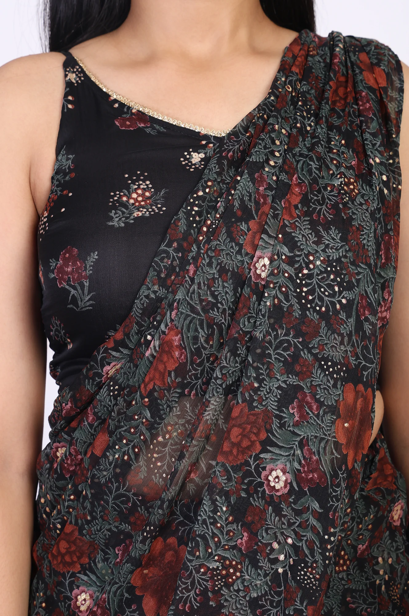 Black Floral Printed Sequined Pre-draped Georgette Saree with Blouse - Image 3