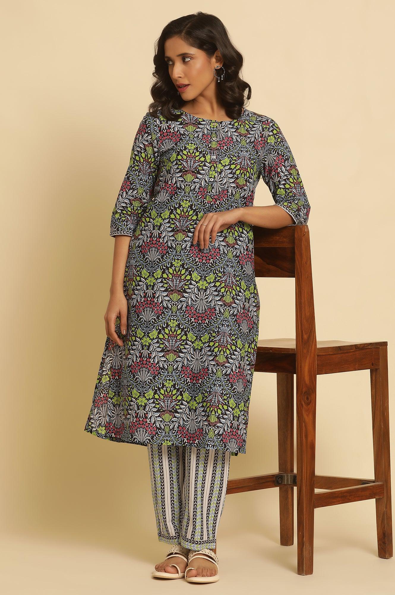 Black Floral Printed Straight Kurta And Pants Set - Image 2