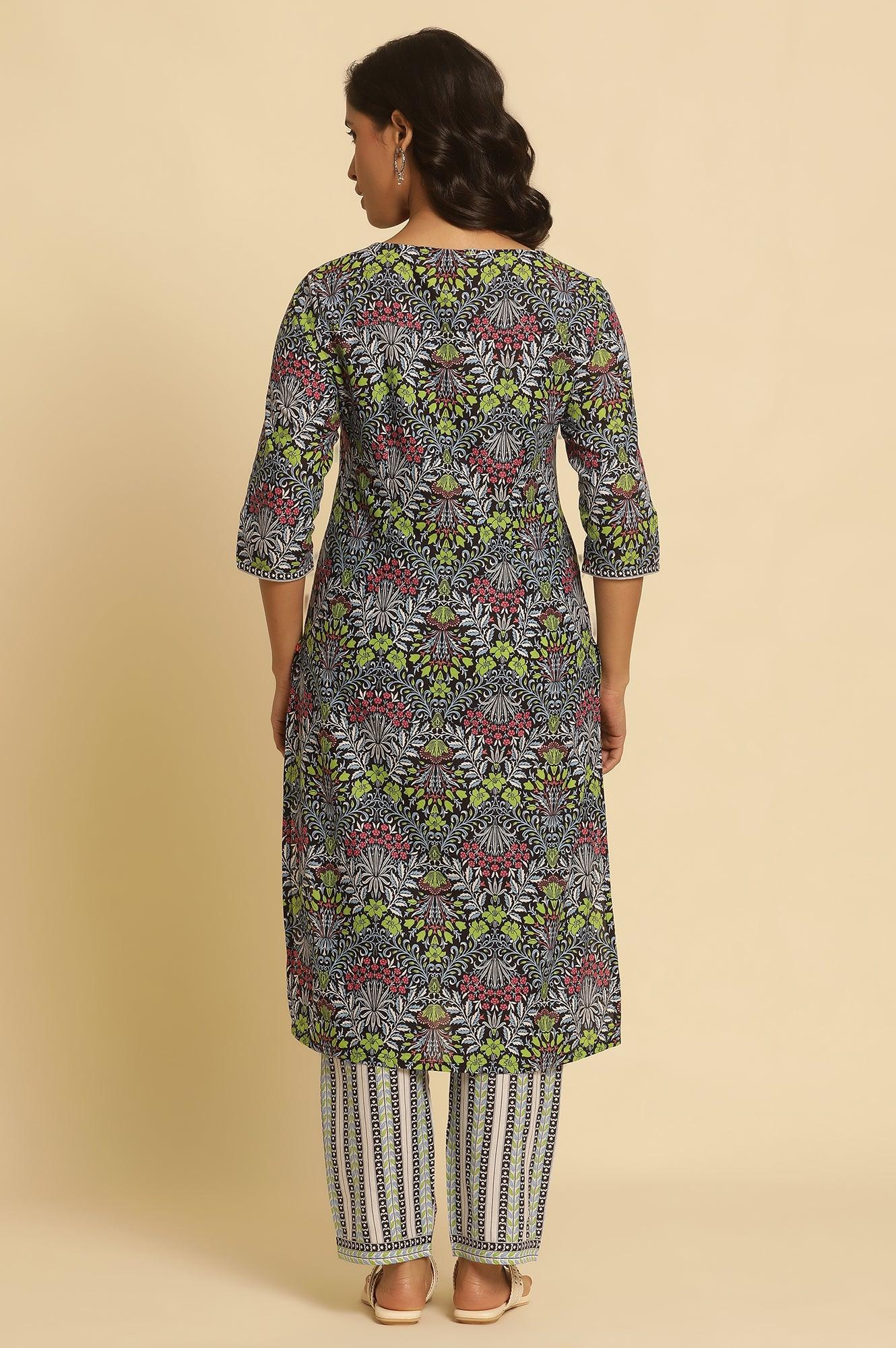 Black Floral Printed Straight Kurta And Pants Set - Image 5