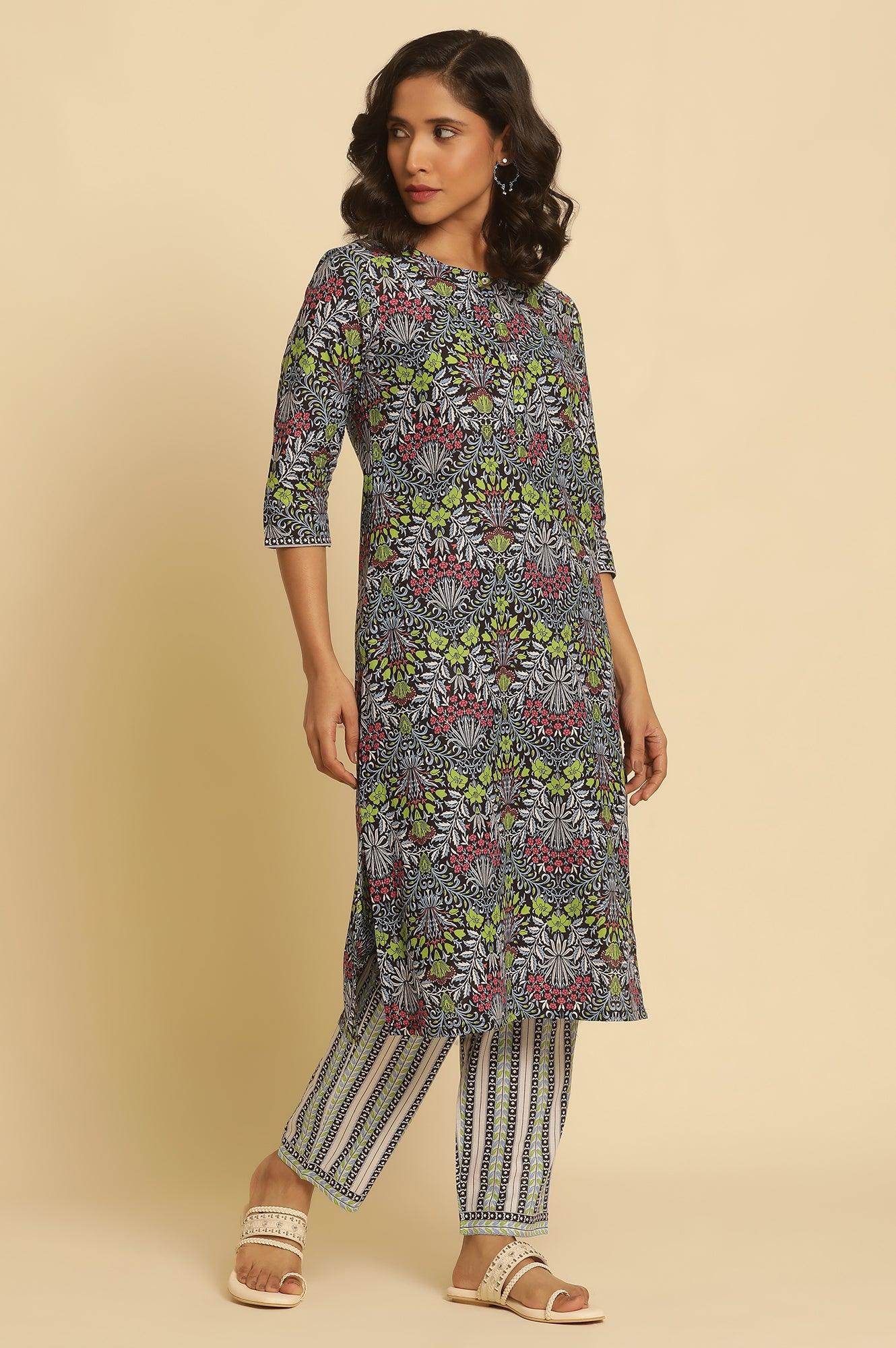 Black Floral Printed Straight Kurta And Pants Set - Image 6