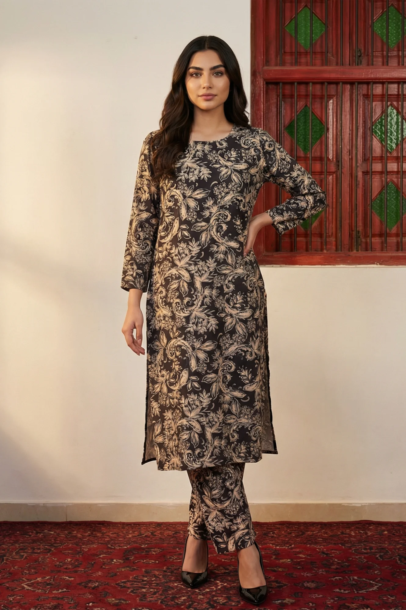 Black Floral Printed Straight Kurta with Pants Co-ord Set