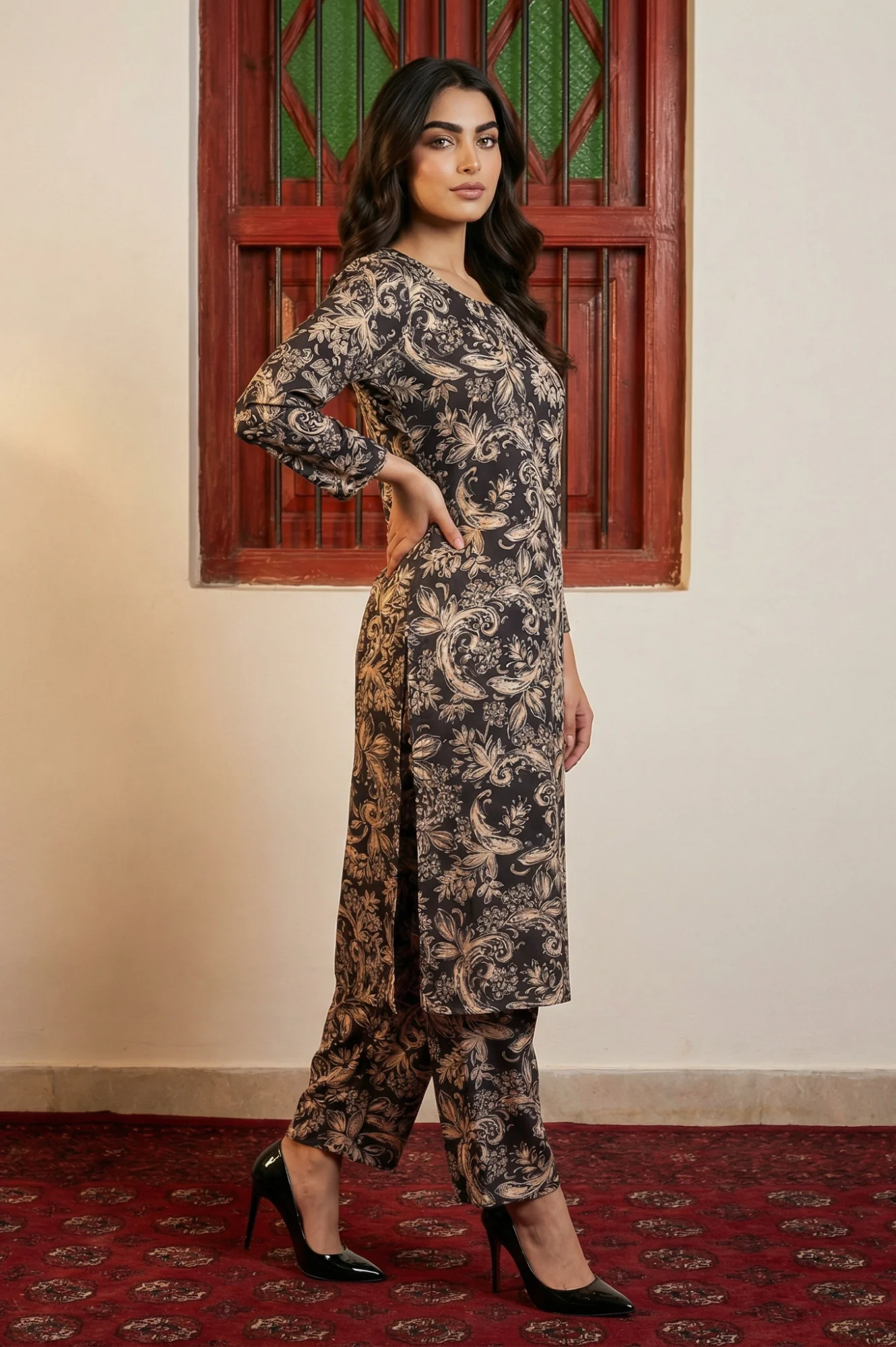 Black Floral Printed Straight Kurta with Pants Co-ord Set - Image 4