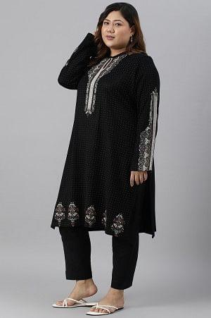 Black Floral Printed Straight Winter Plus Size kurta - Image 4
