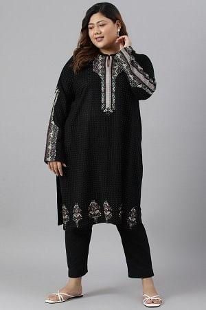 Black Floral Printed Straight Winter Plus Size kurta - Image 6