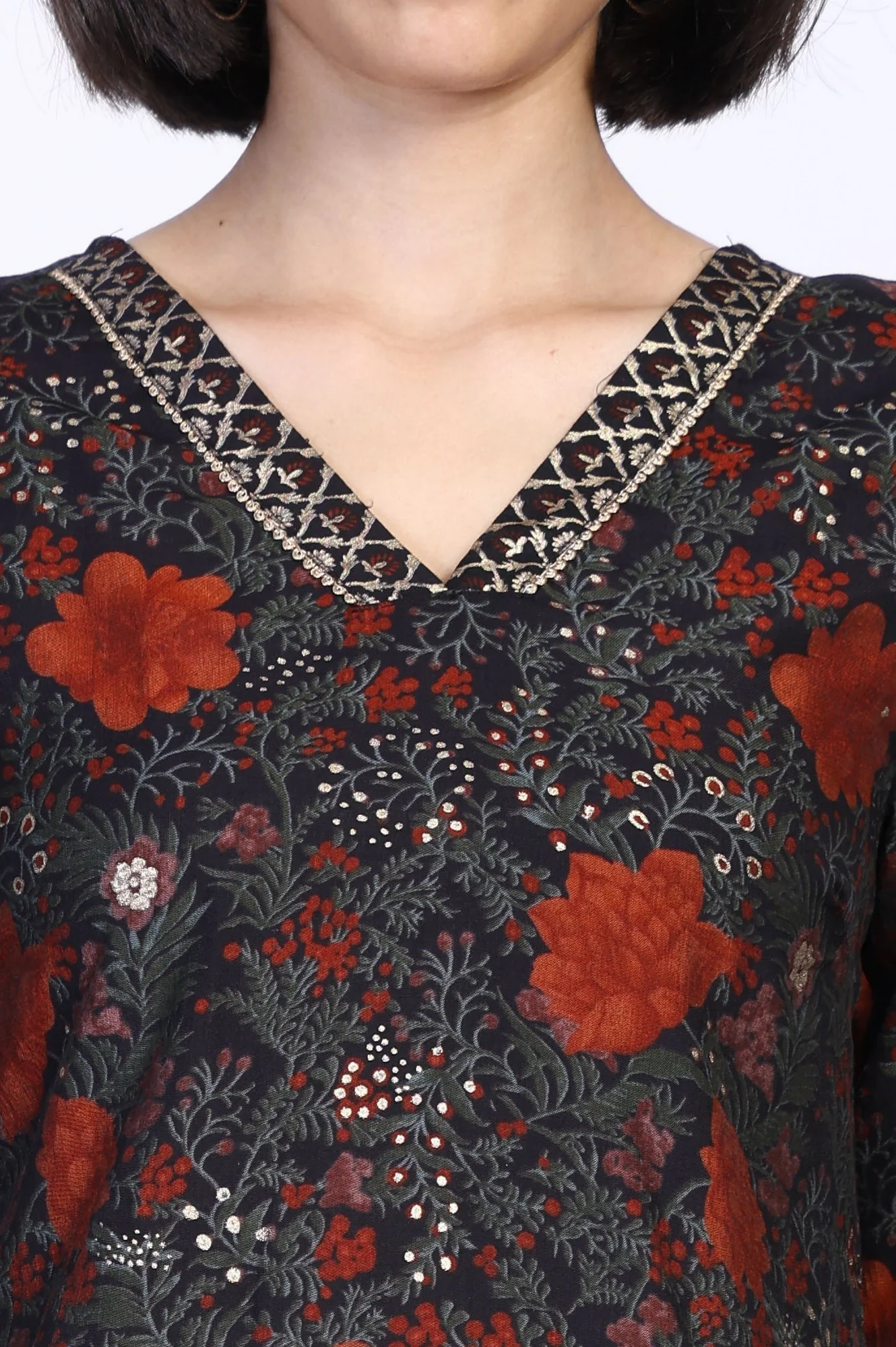 Black Floral Printed Tape Detail A Line Crape Kurta with Pant and Dupatta Set - Image 3