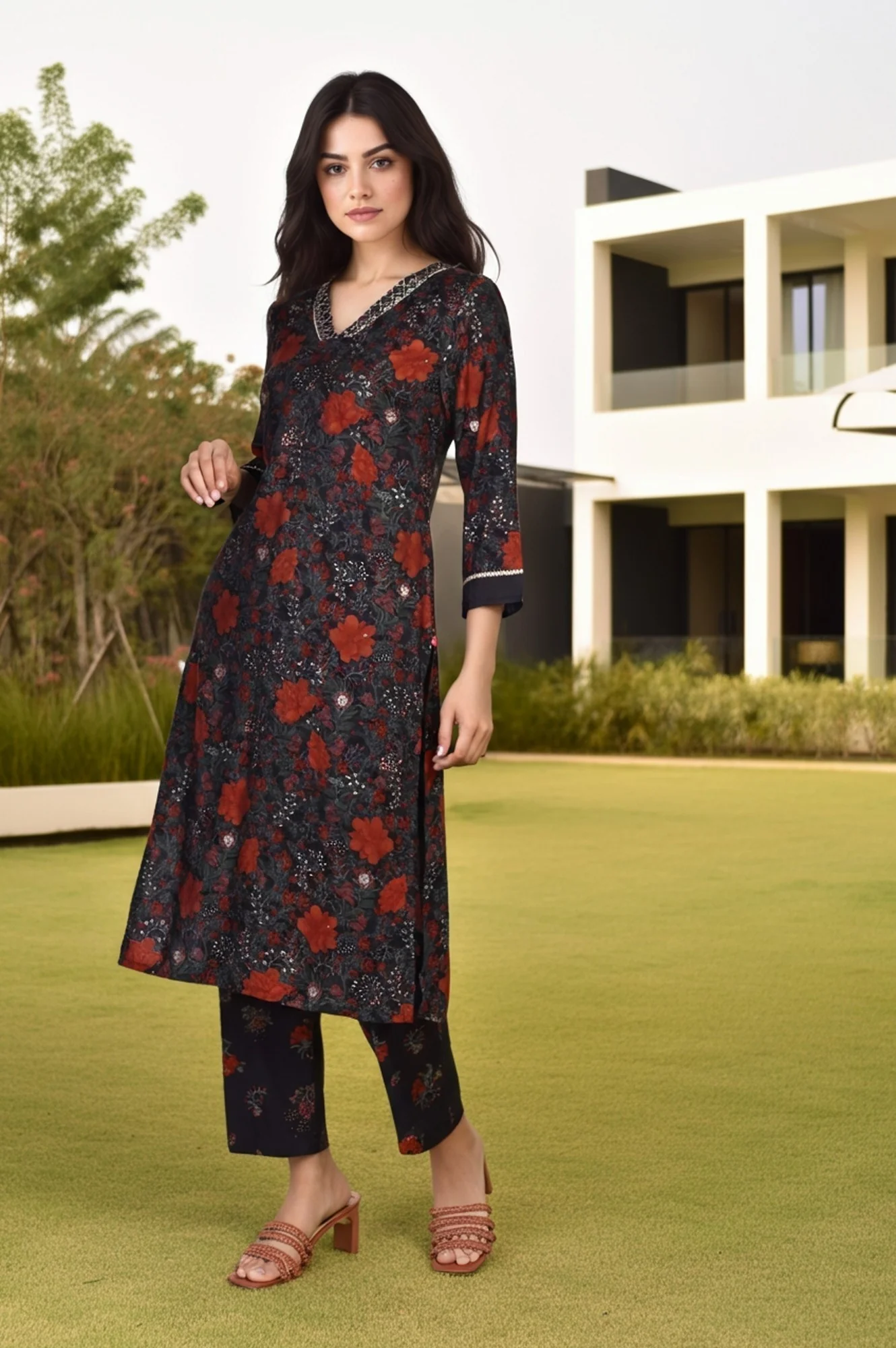 Black Floral Printed Tape Detail A Line Crape Kurta with Pant and Dupatta Set - Image 5