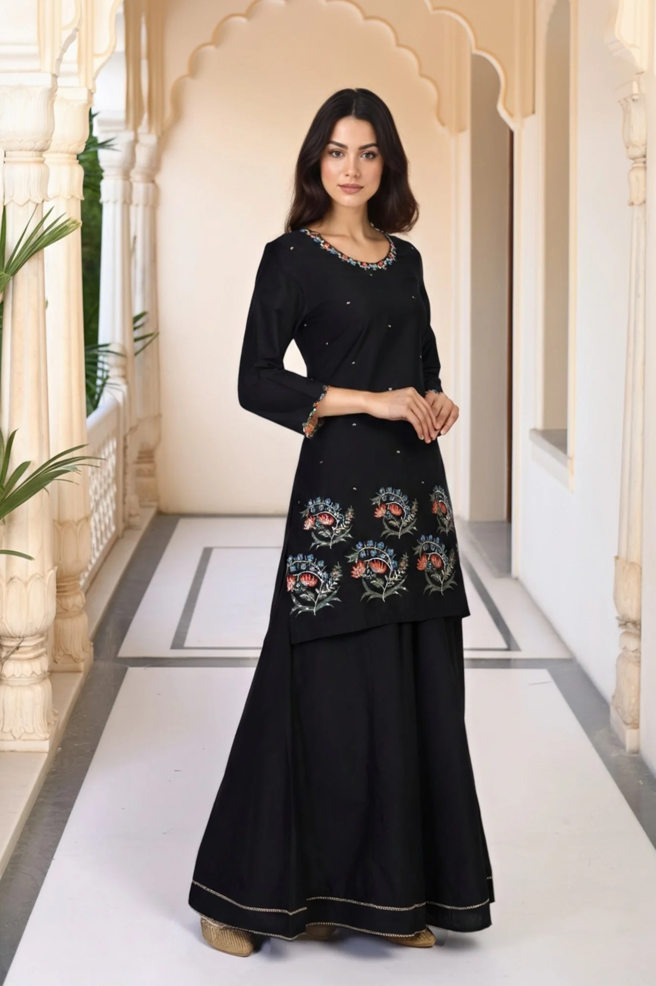 Black Floral Thread Embroidery Straight Woven Kurta with Flared Pant and Dupatta Set - Image 4