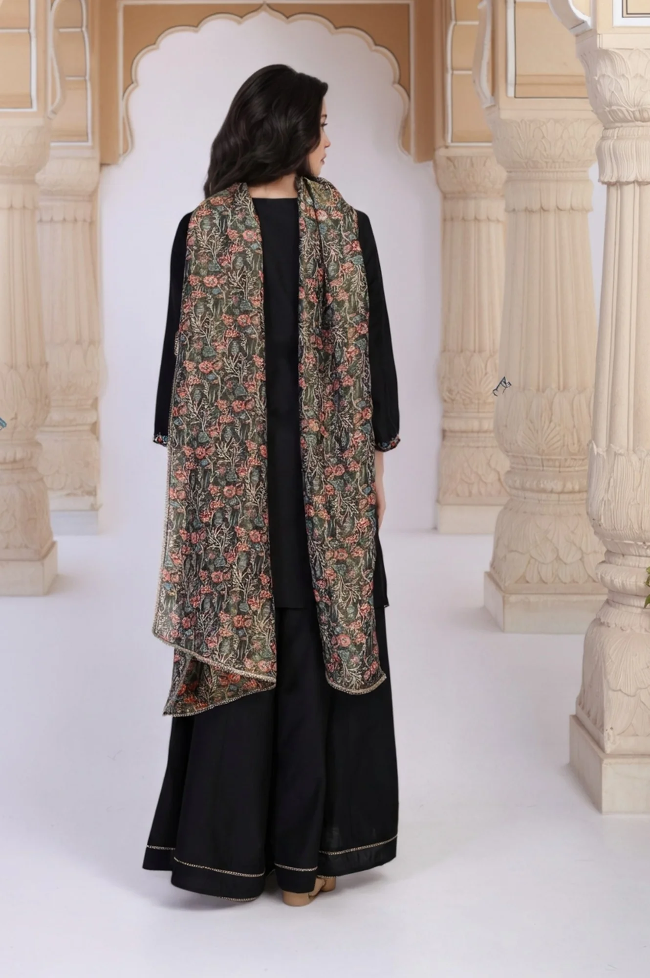 Black Floral Thread Embroidery Straight Woven Kurta with Flared Pant and Dupatta Set - Image 5