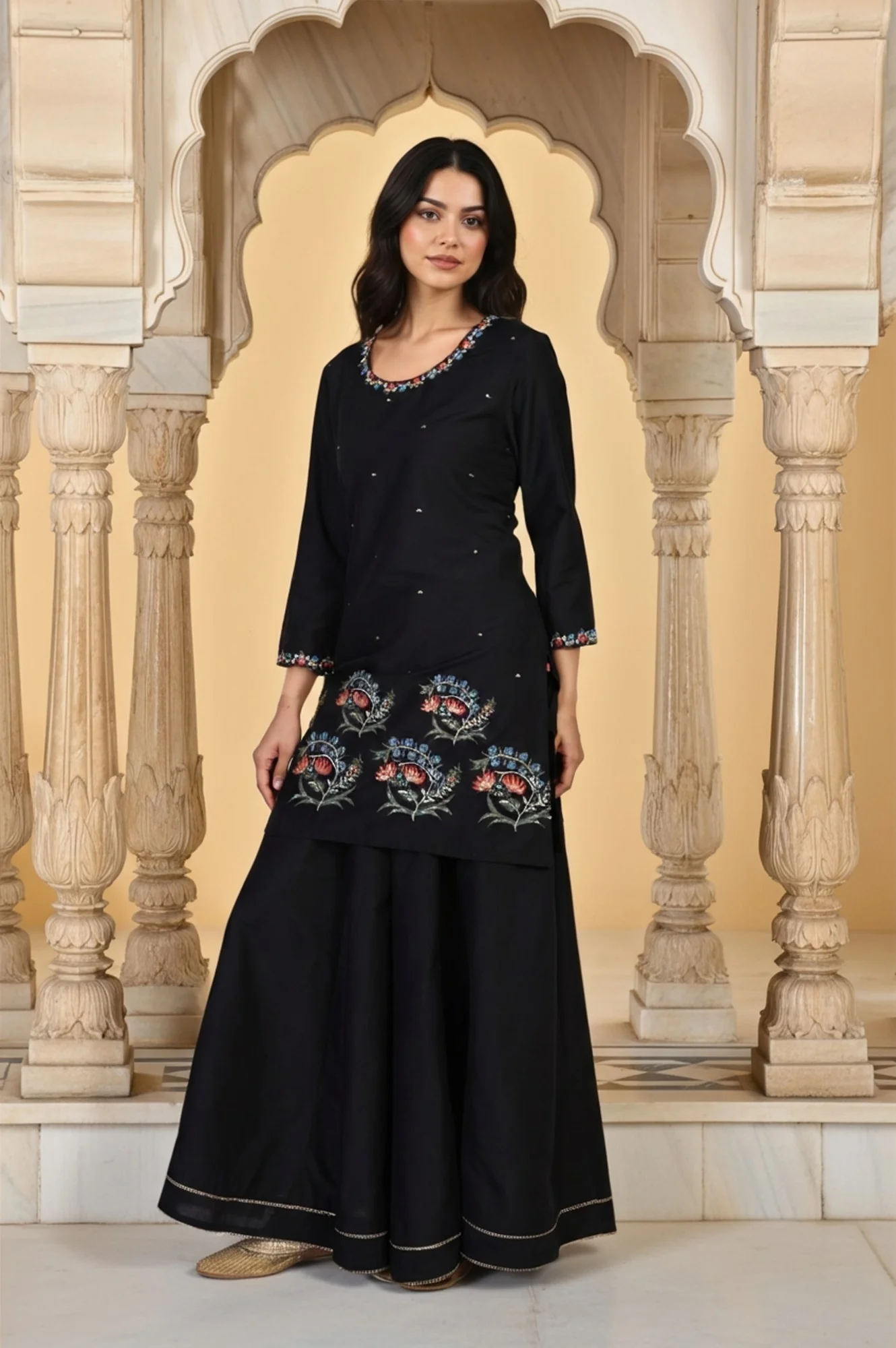 Black Floral Thread Embroidery Straight Woven Kurta with Flared Pant and Dupatta Set - Image 6