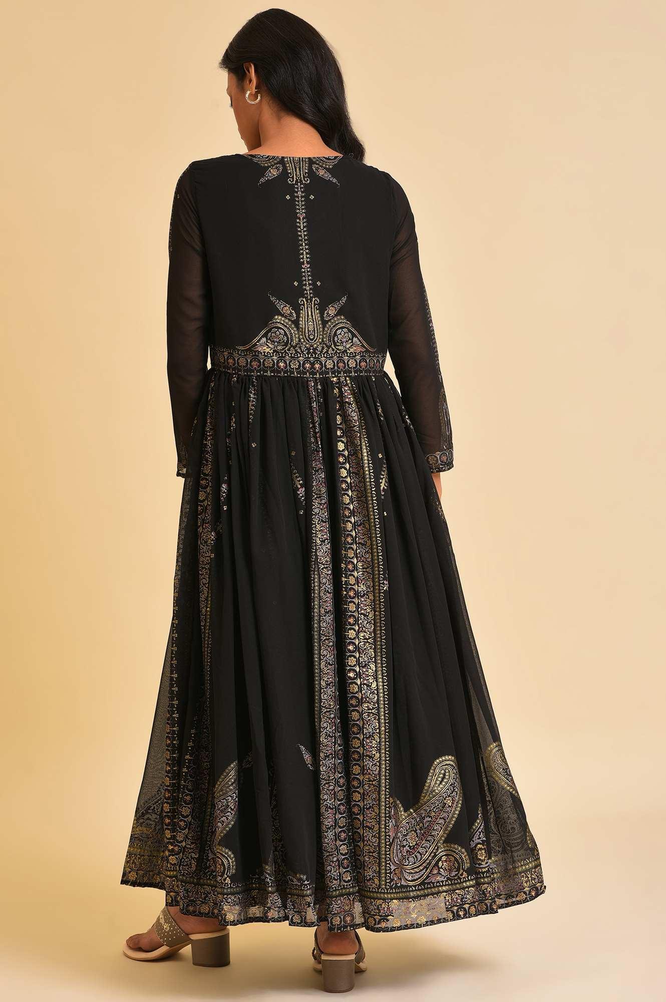 Black Foil Printed Victorian Dress - Image 2