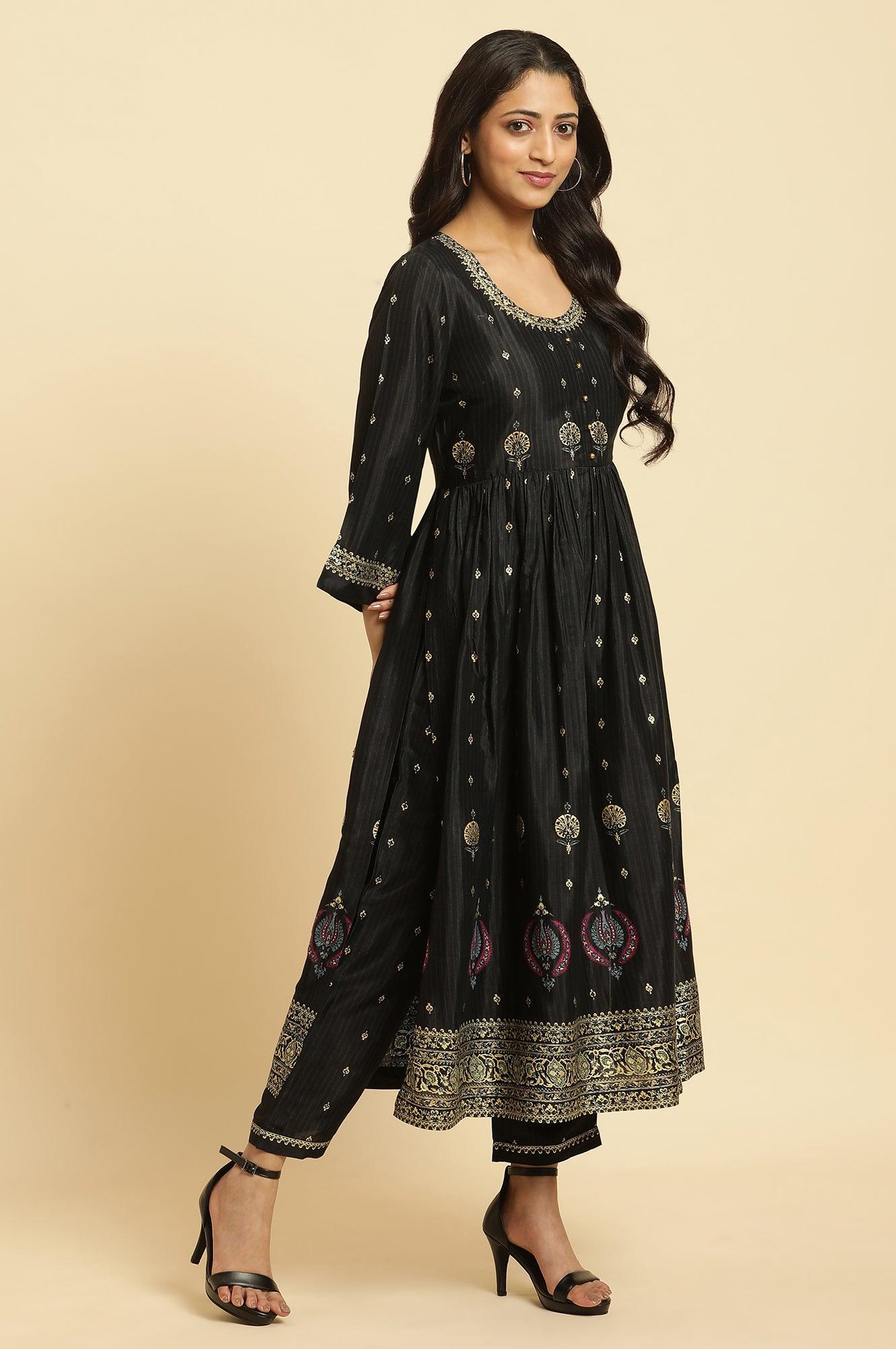 Black Kurta, Pants and Dupatta Festive Set - Image 5