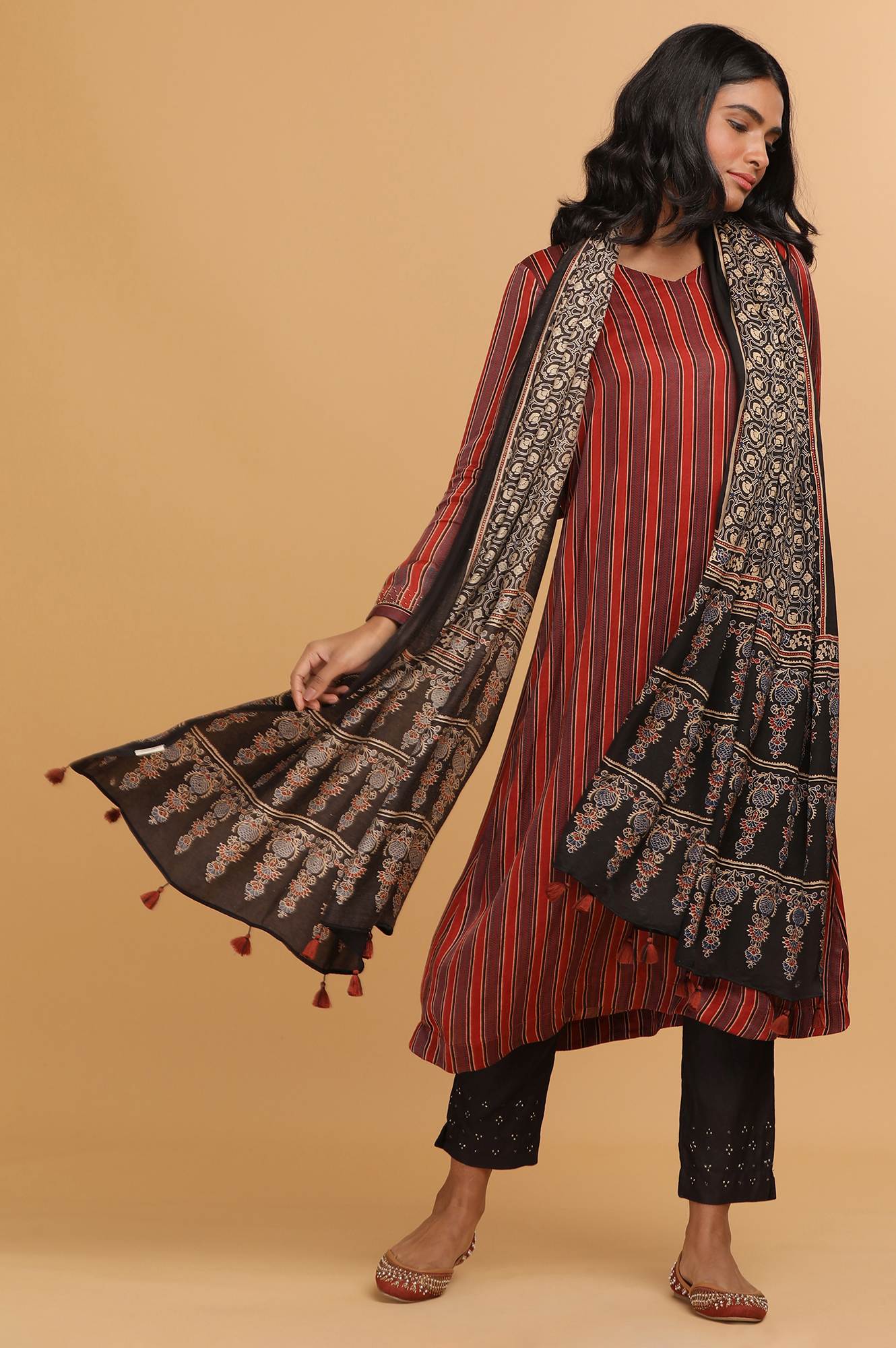 Black Geometric Ajrakh Printed Tasselled Modal Satin Dupatta - Image 2