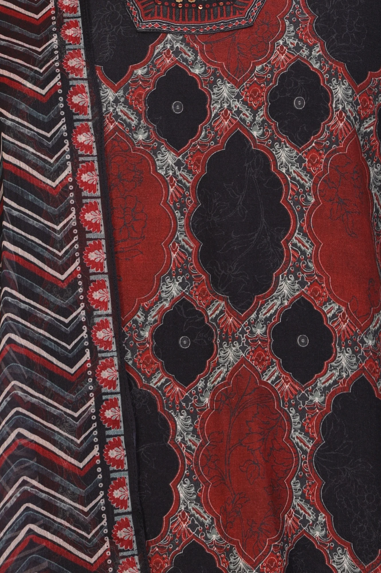 Black Geometric Printed Modal Straight Kurta with Pants and Dupatta Set - Image 2