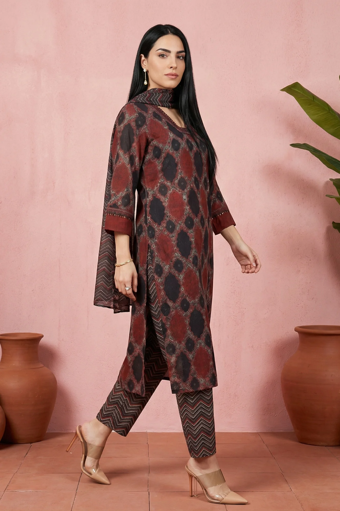 Black Geometric Printed Modal Straight Kurta with Pants and Dupatta Set - Image 3
