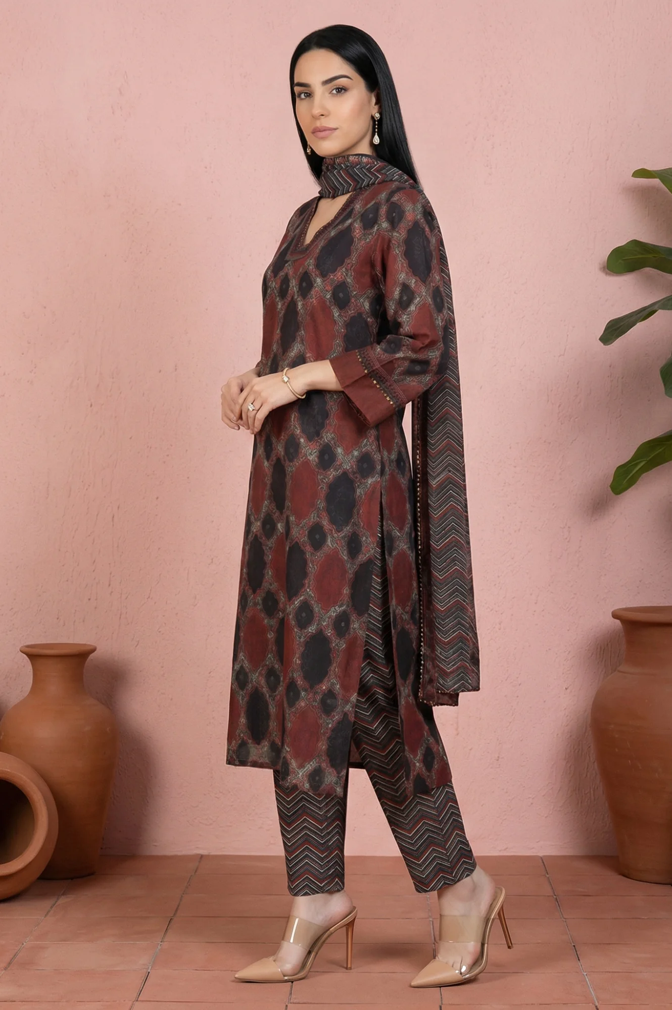 Black Geometric Printed Modal Straight Kurta with Pants and Dupatta Set - Image 4