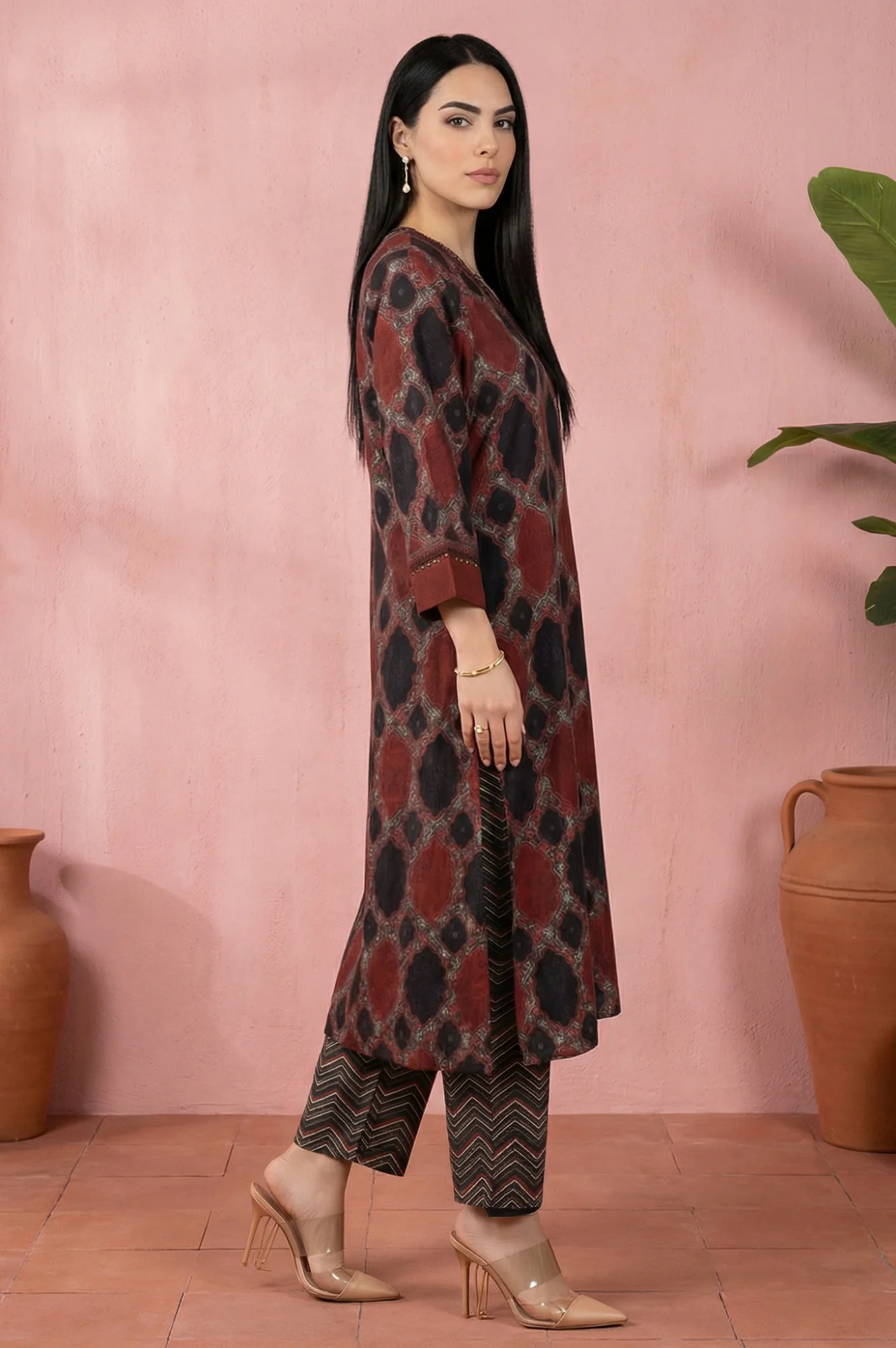 Black Geometric Printed Modal Straight Kurta with Pants and Dupatta Set - Image 6