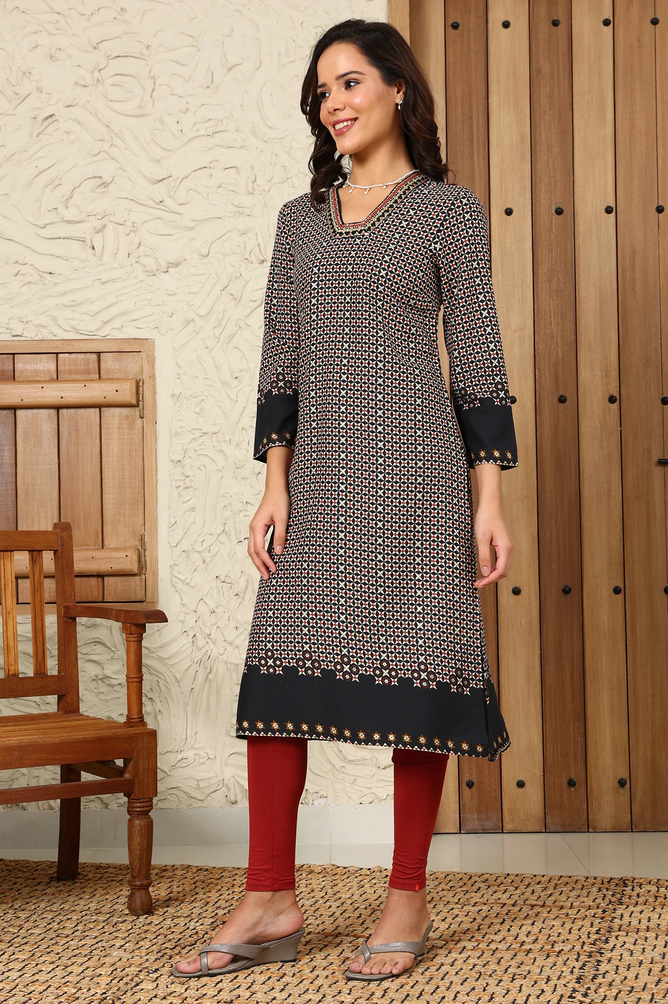 Black Geometric Printed Rayon A-Line Kurta With Metallic Embroidery On Neck
