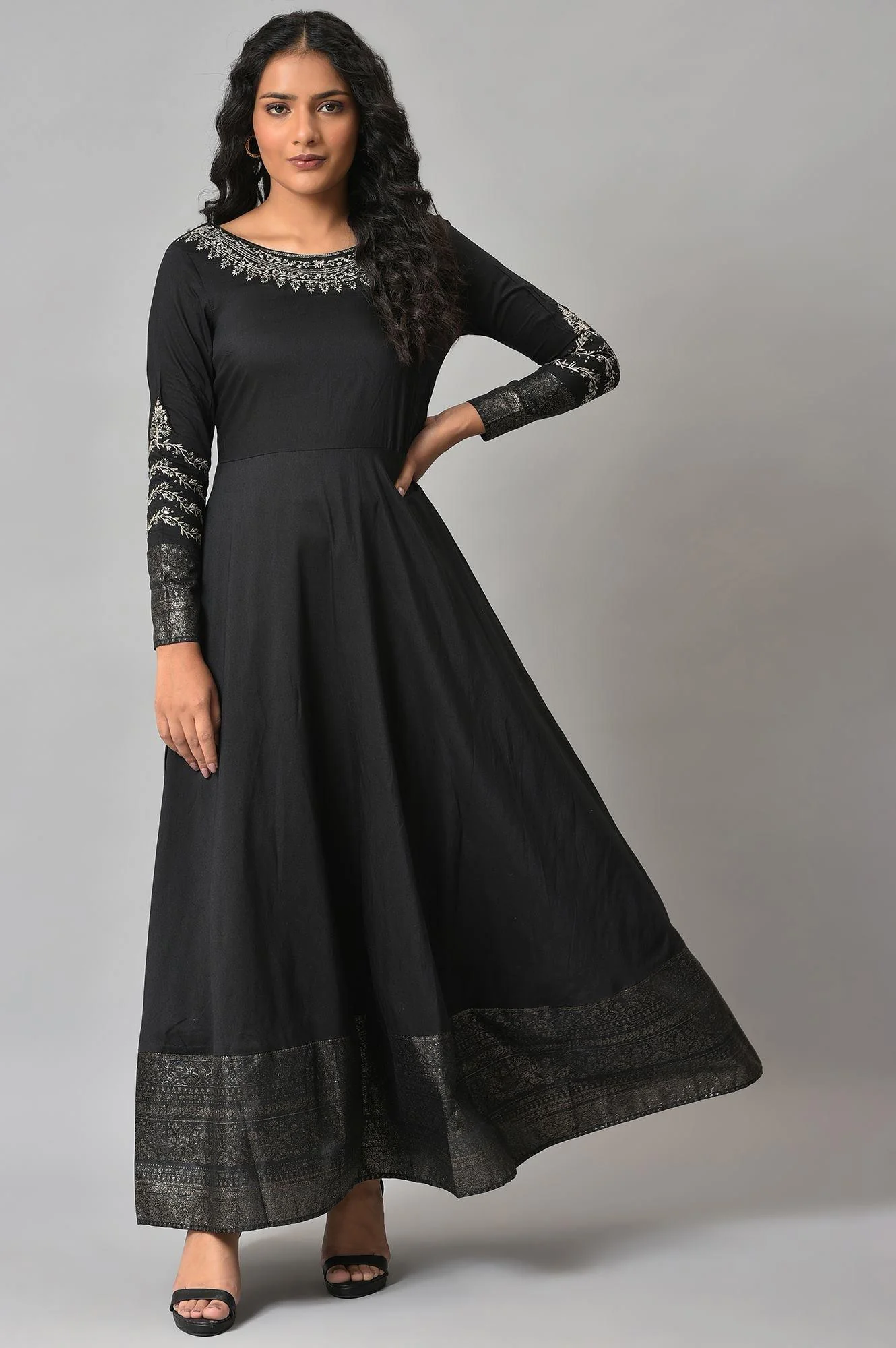 Black Glitter Printed And Embroidered Dress - Image 2