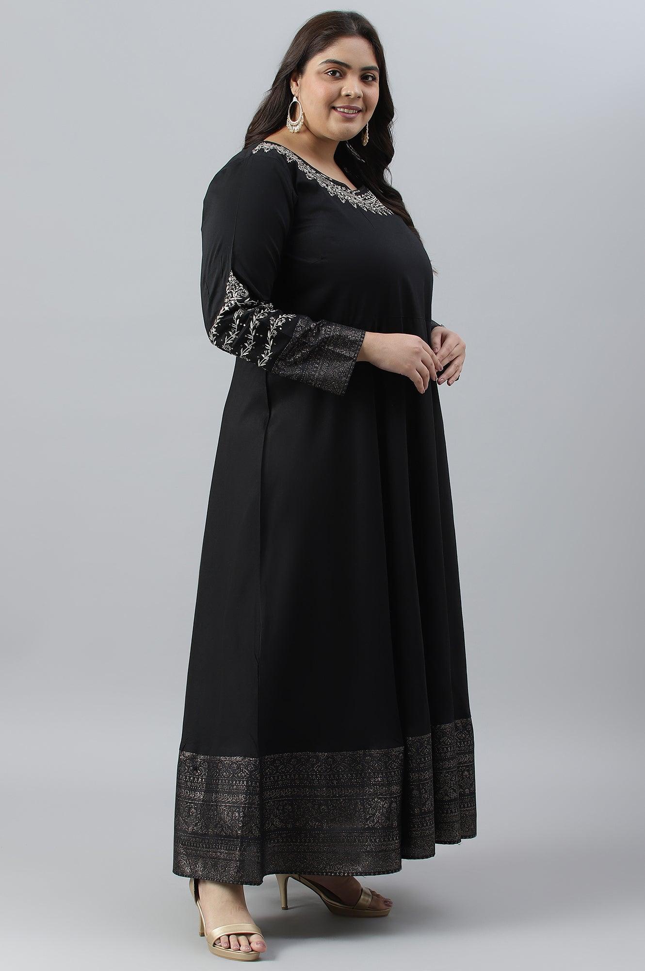 Black Glitter Printed And Embroidered Plus Size Dress - Image 3